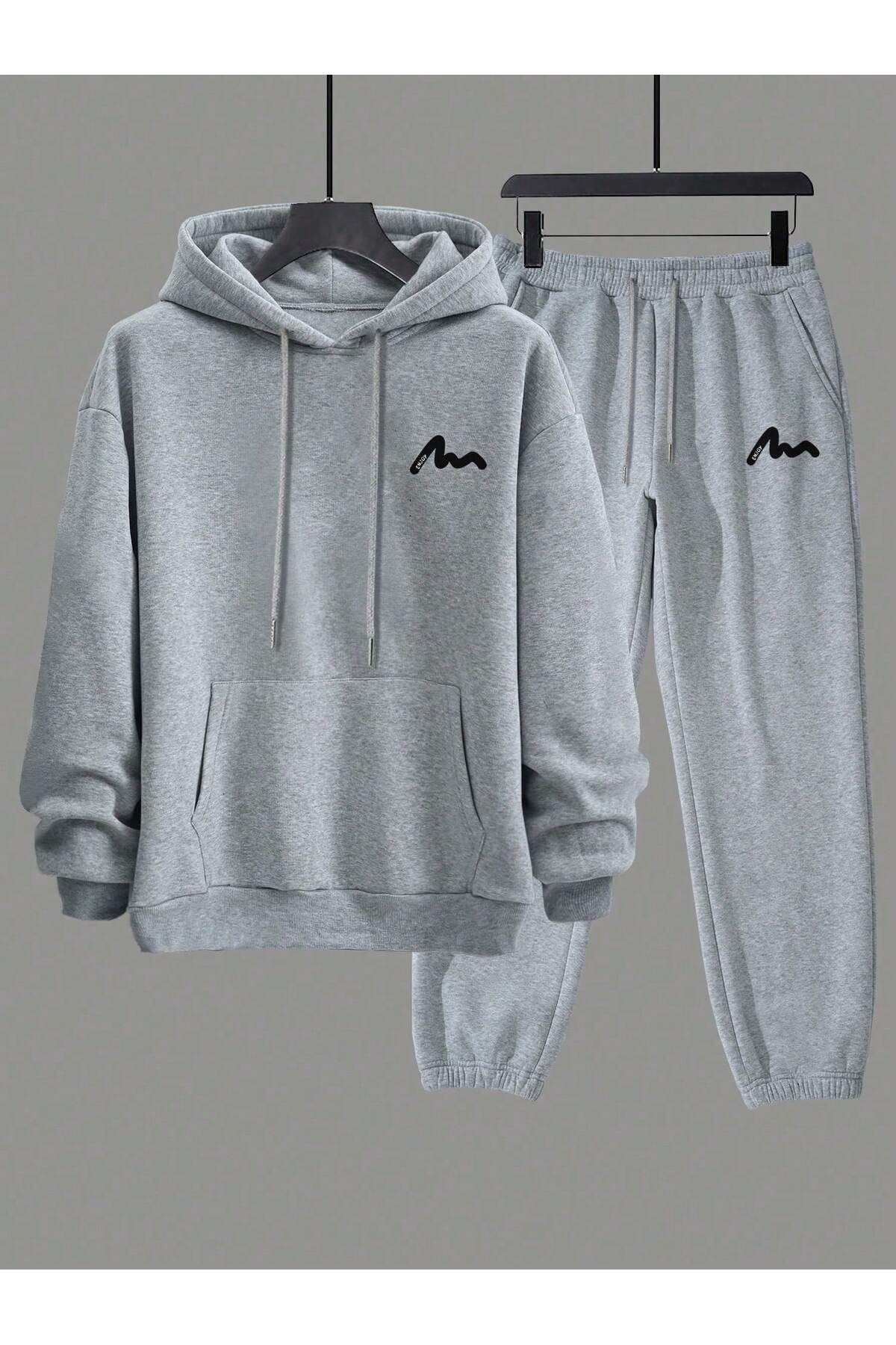 MODARİCH-Enjoy Gray Striped Sweatshirt and Jogger Tracksuit Set - Hooded 3