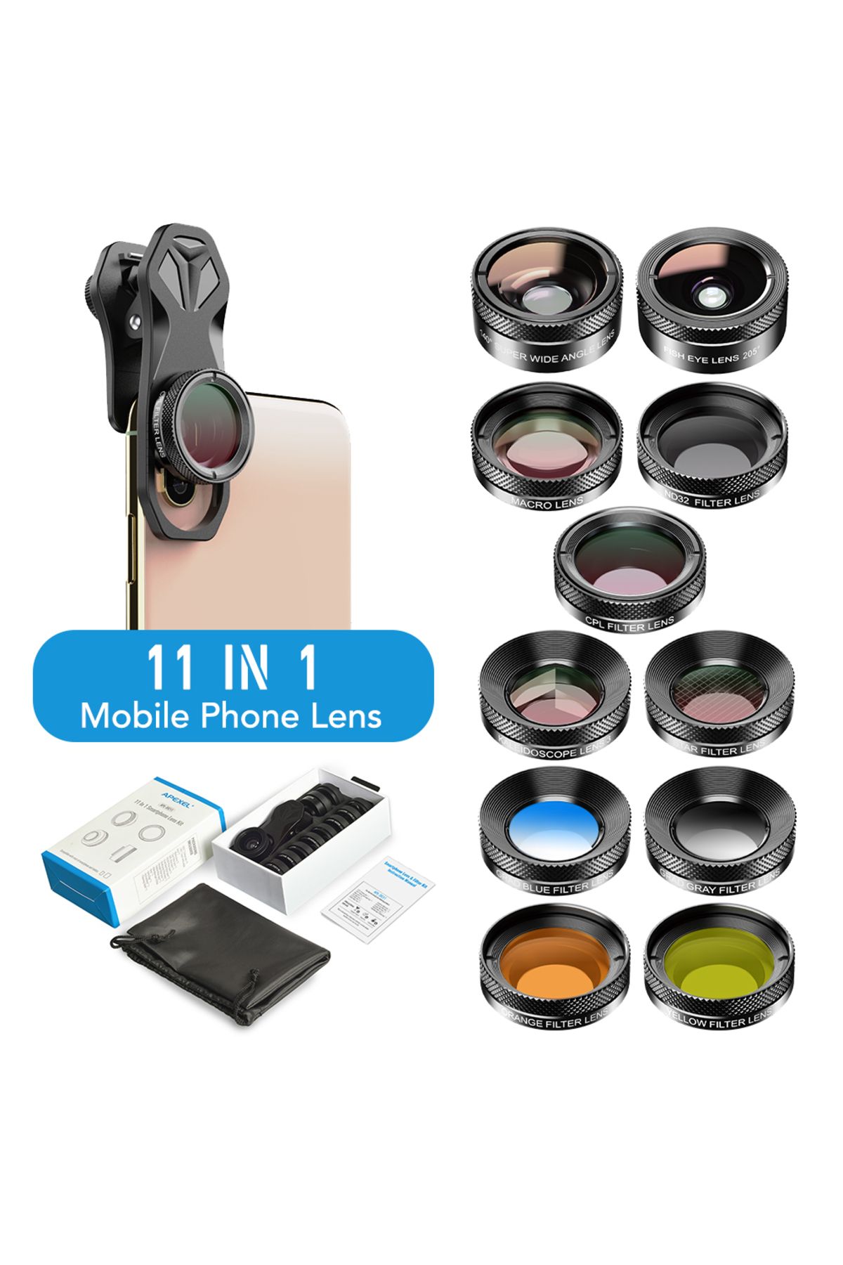 APEXEL-11 in 1 Phone camera Lens Kit fisheye wide lens Full Colorgrad Filter CPL ND Star Filter f... 8