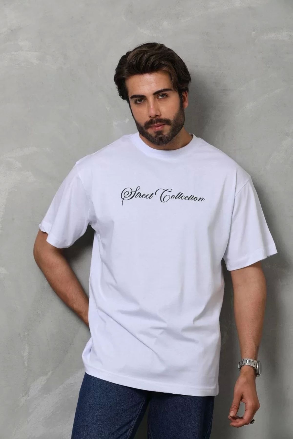 CVS Unisex Bisiklet Yaka Baskılı Oversize T-Shirt - Beyaz