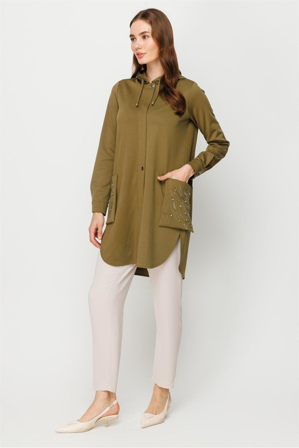Esswaap-Go and Go Tunic with Stone Embroidered Zipper Closure on Bag Pocket Khaki 7