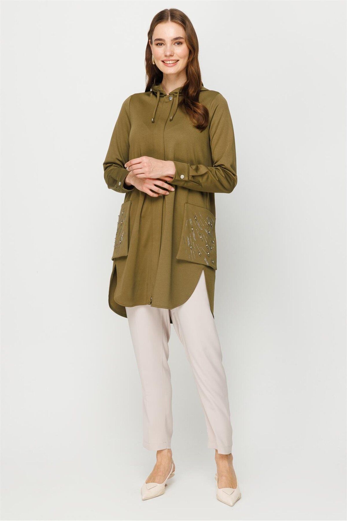 Esswaap-Go and Go Tunic with Stone Embroidered Zipper Closure on Bag Pocket Khaki 5