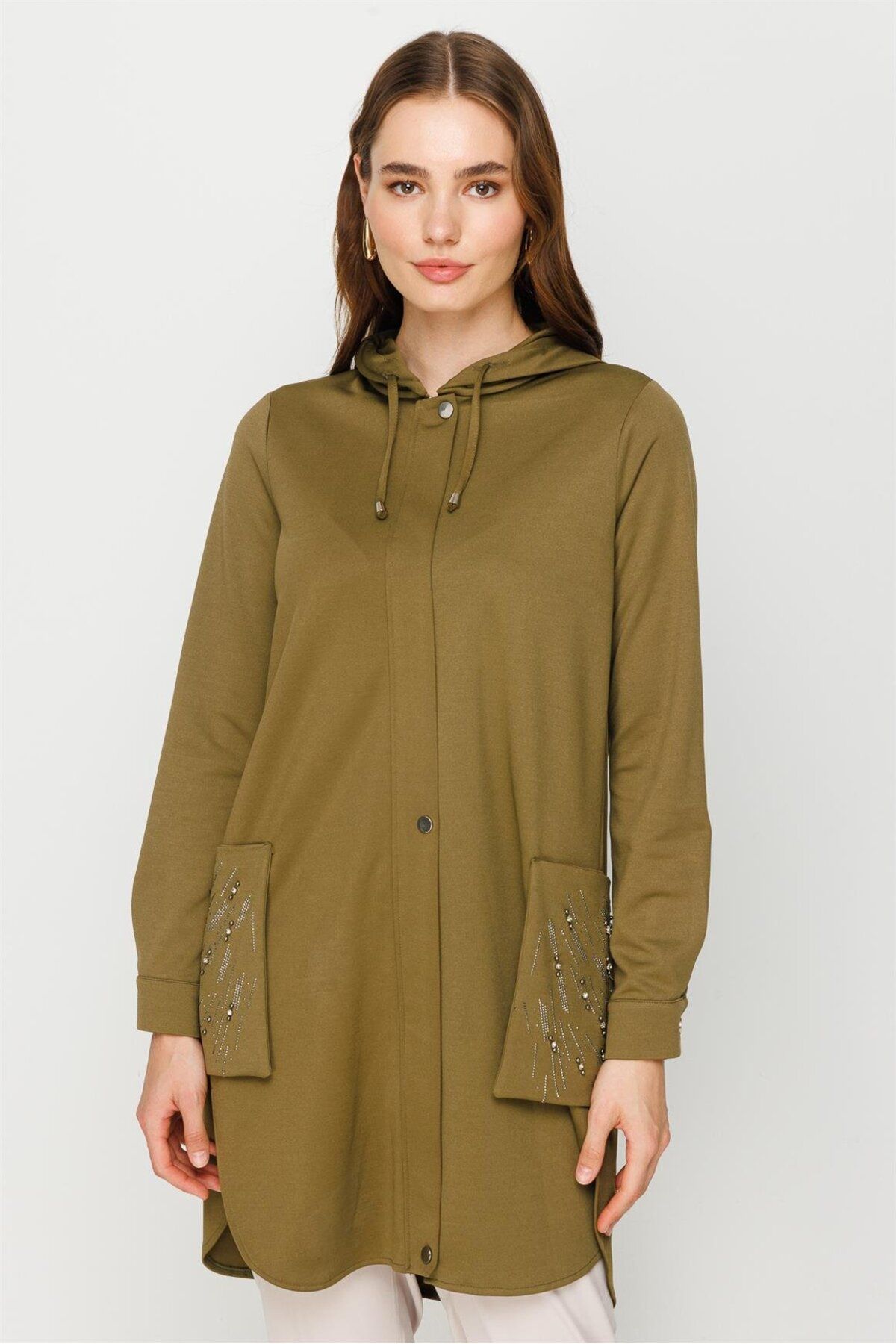 Esswaap-Go and Go Tunic with Stone Embroidered Zipper Closure on Bag Pocket Khaki 2