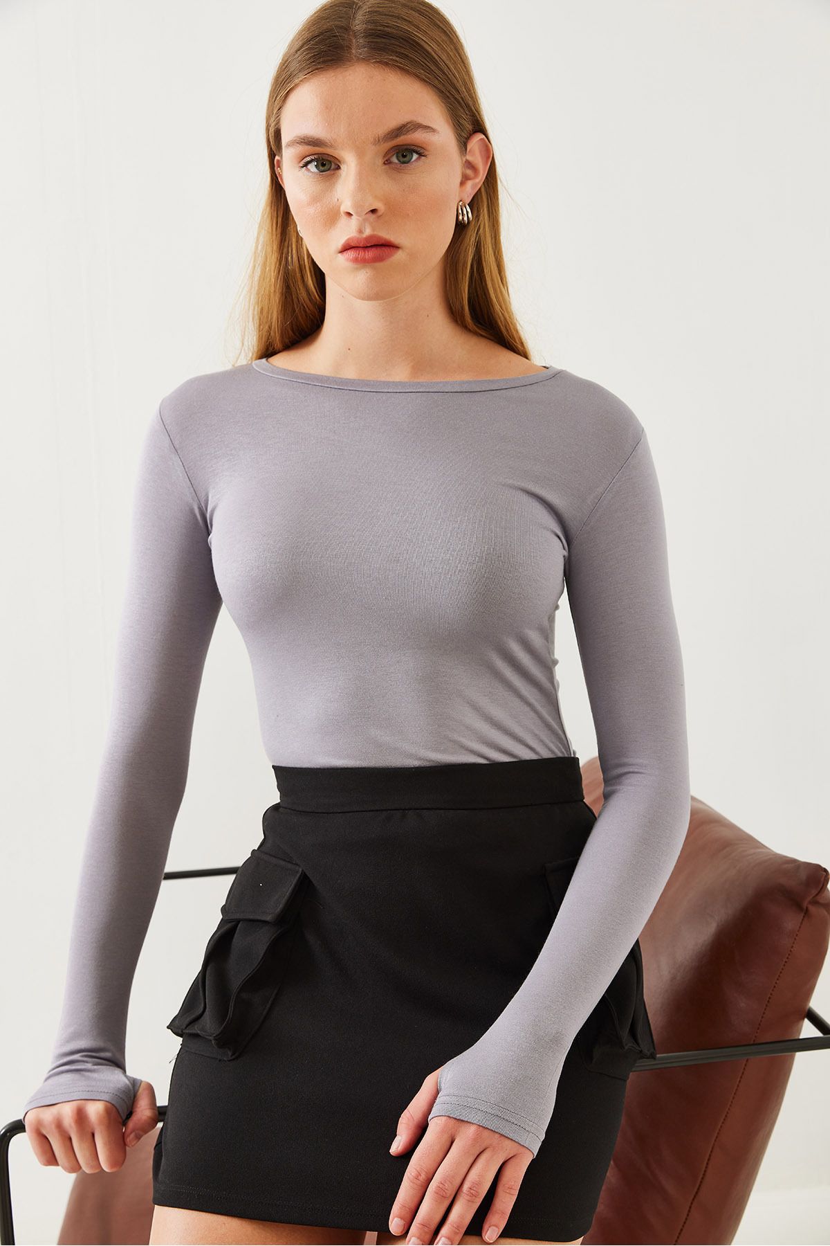 Bianco Lucci-Női csónaknyak ujj részletes Lycra blúz 0172 60351048 8