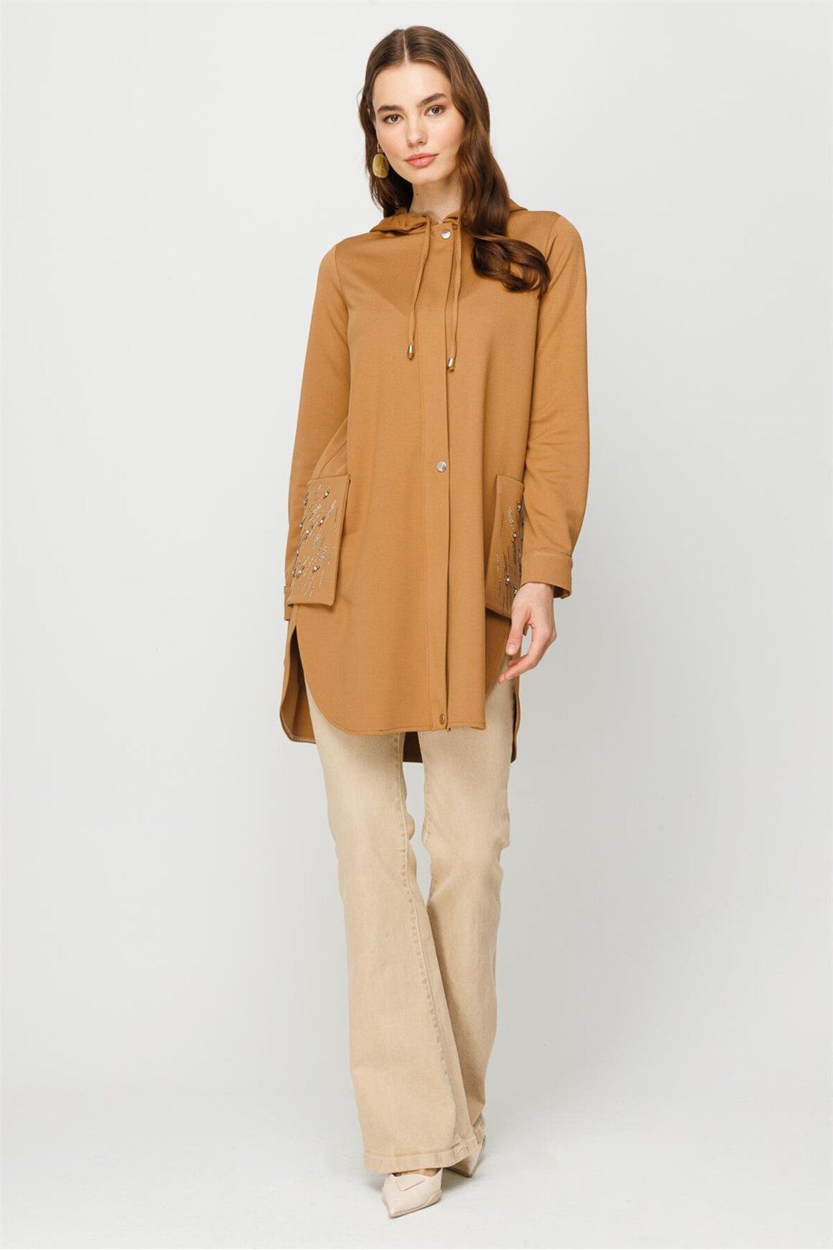 Esswaap-Go and Go Tunic Camel with Stone Embroidered Zipper Closure on Bag Pocket 7