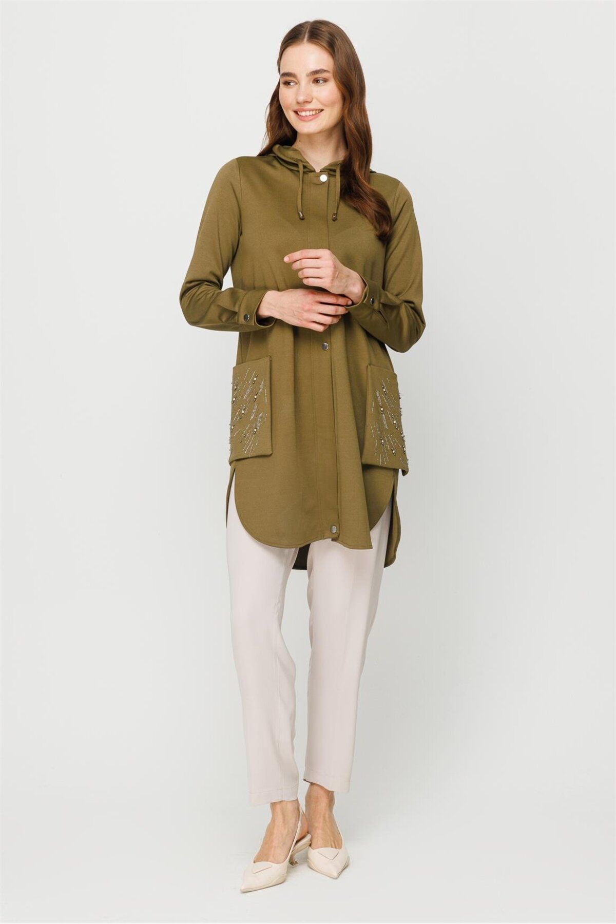 Esswaap-Go and Go Tunic with Stone Embroidered Zipper Closure on Bag Pocket Khaki 3
