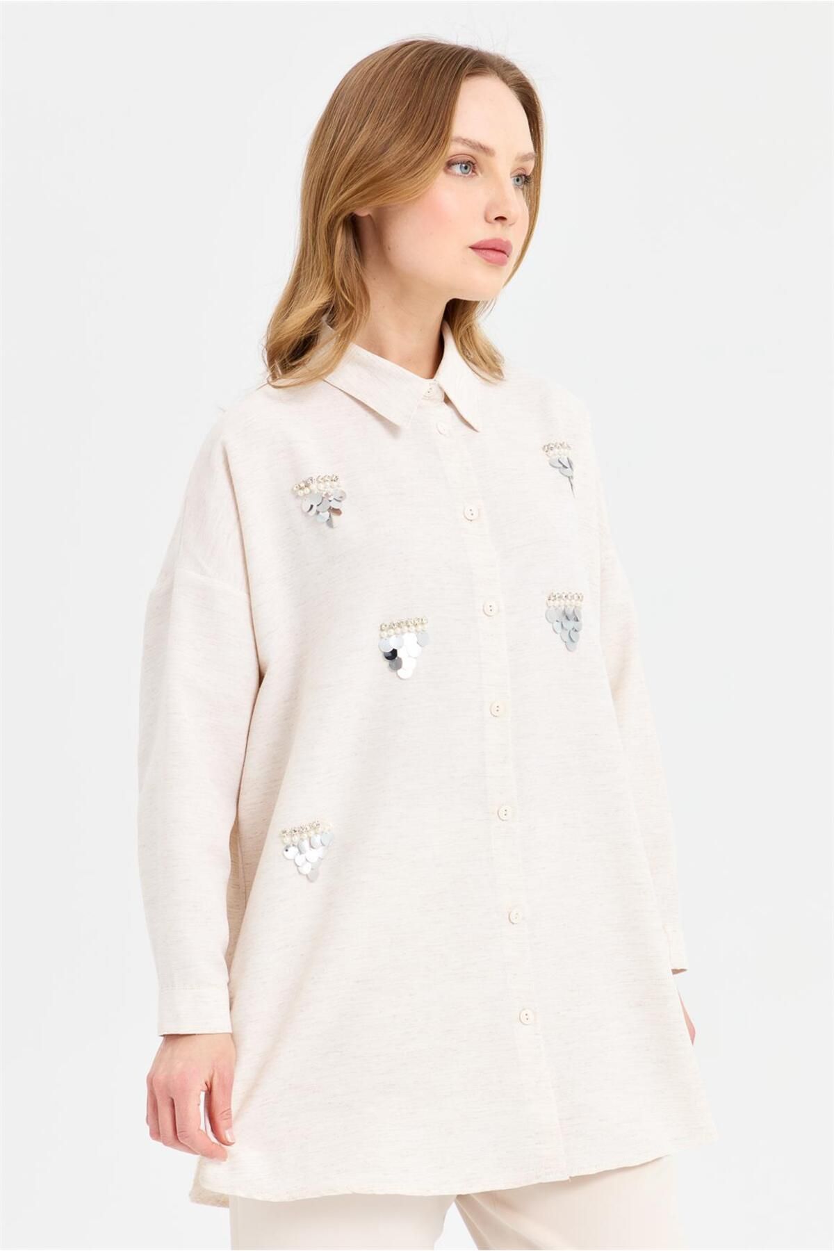 Esswaap-Beige Stone and Sequin Embroidered Shirt 2