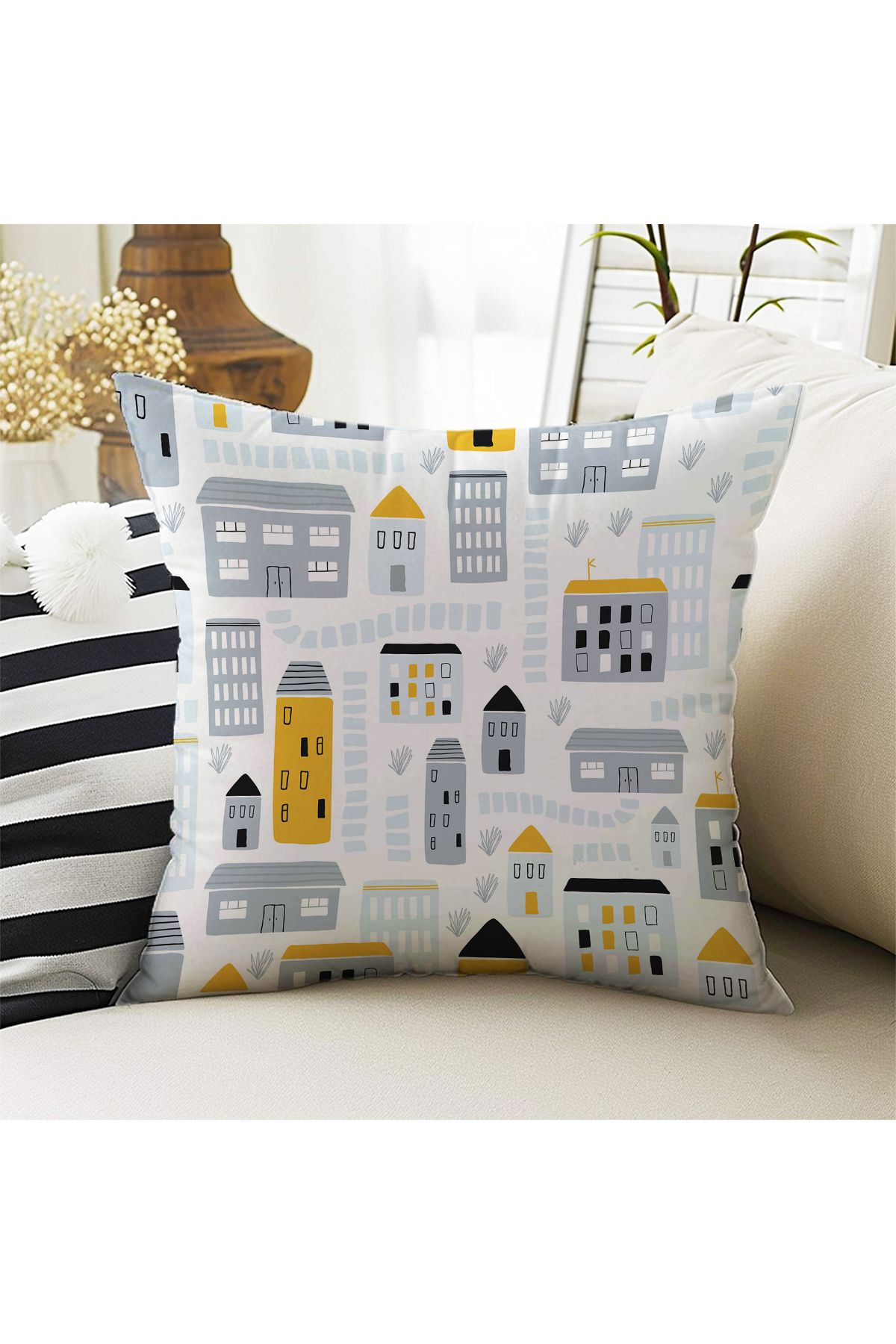 Else Dekor-City Neighborhood Yellow Gray Patterned Children's Decorative Double Sided Throw Pillow Cover 43X43Cm 1