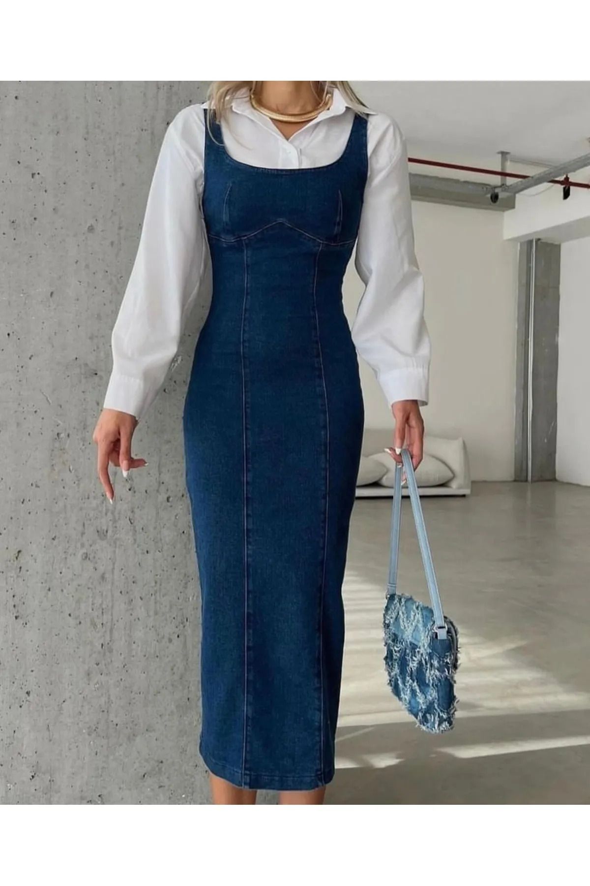 ZF BUTİK-Denim Dress with Slit Back Zipper Jeans Dress Lycra Full Fit 1