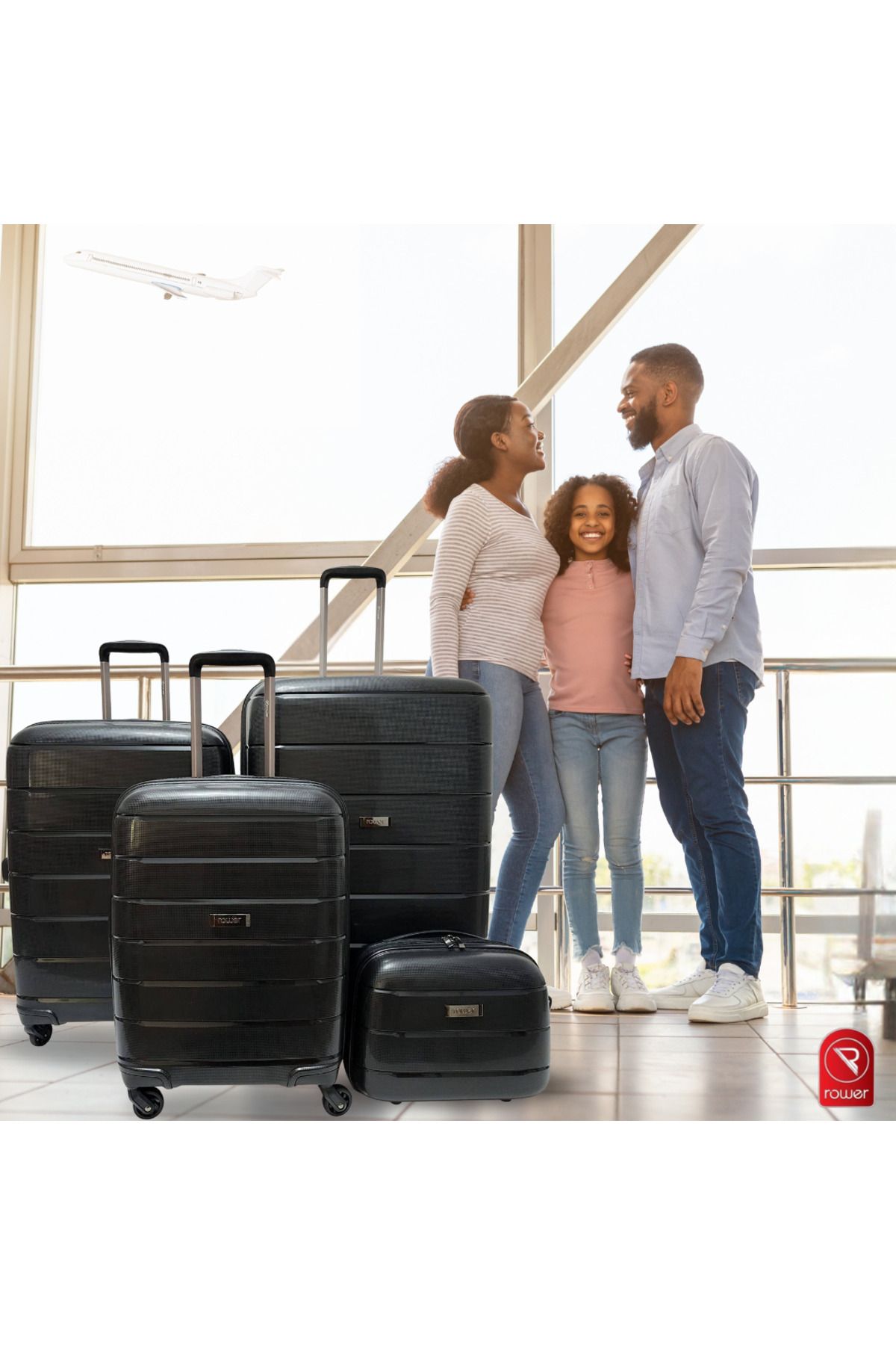 Rower-Hardcase PP TSA Suitcase,Unbreakable Expandable 4 Double Wheels,4Pcs Luggage Trolley Set BLK 6