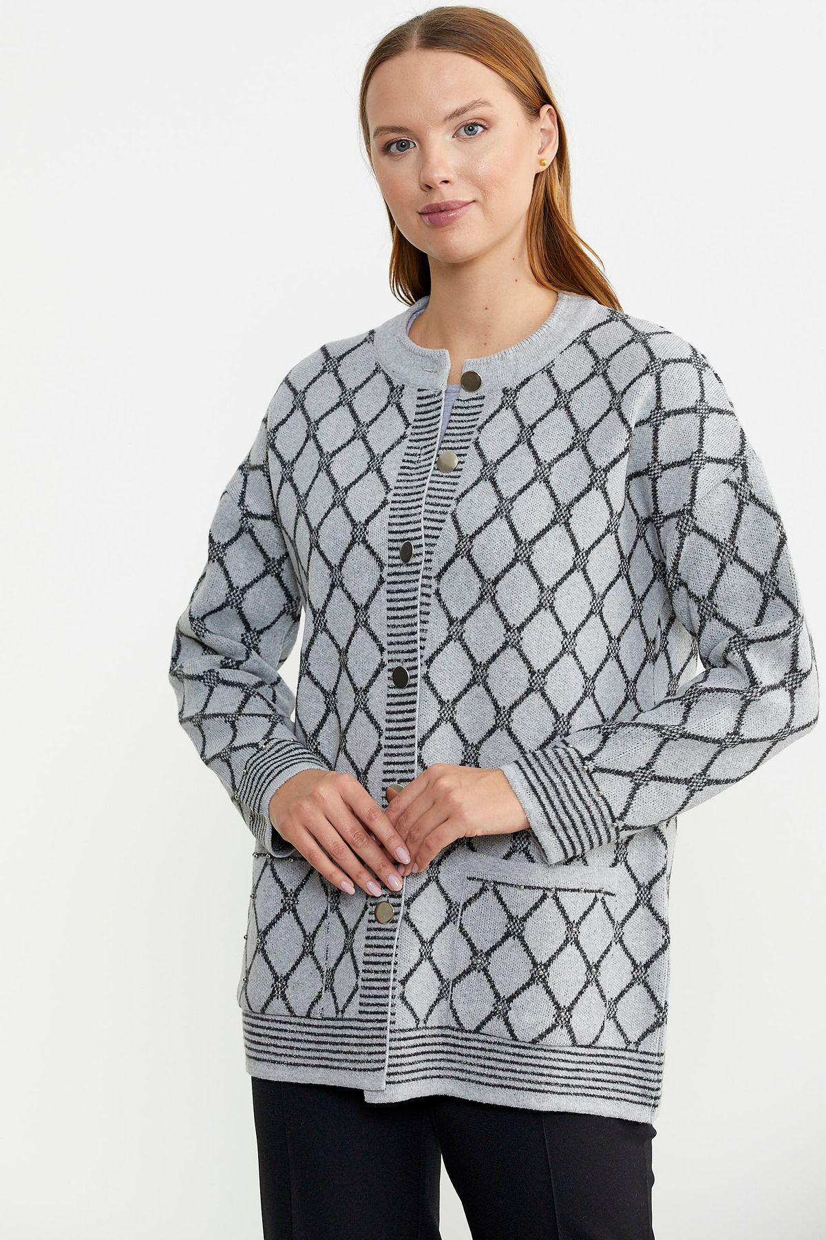 Sementa-Baklava Pattern Double Color Wool Knitwear Jacket - Gray 3