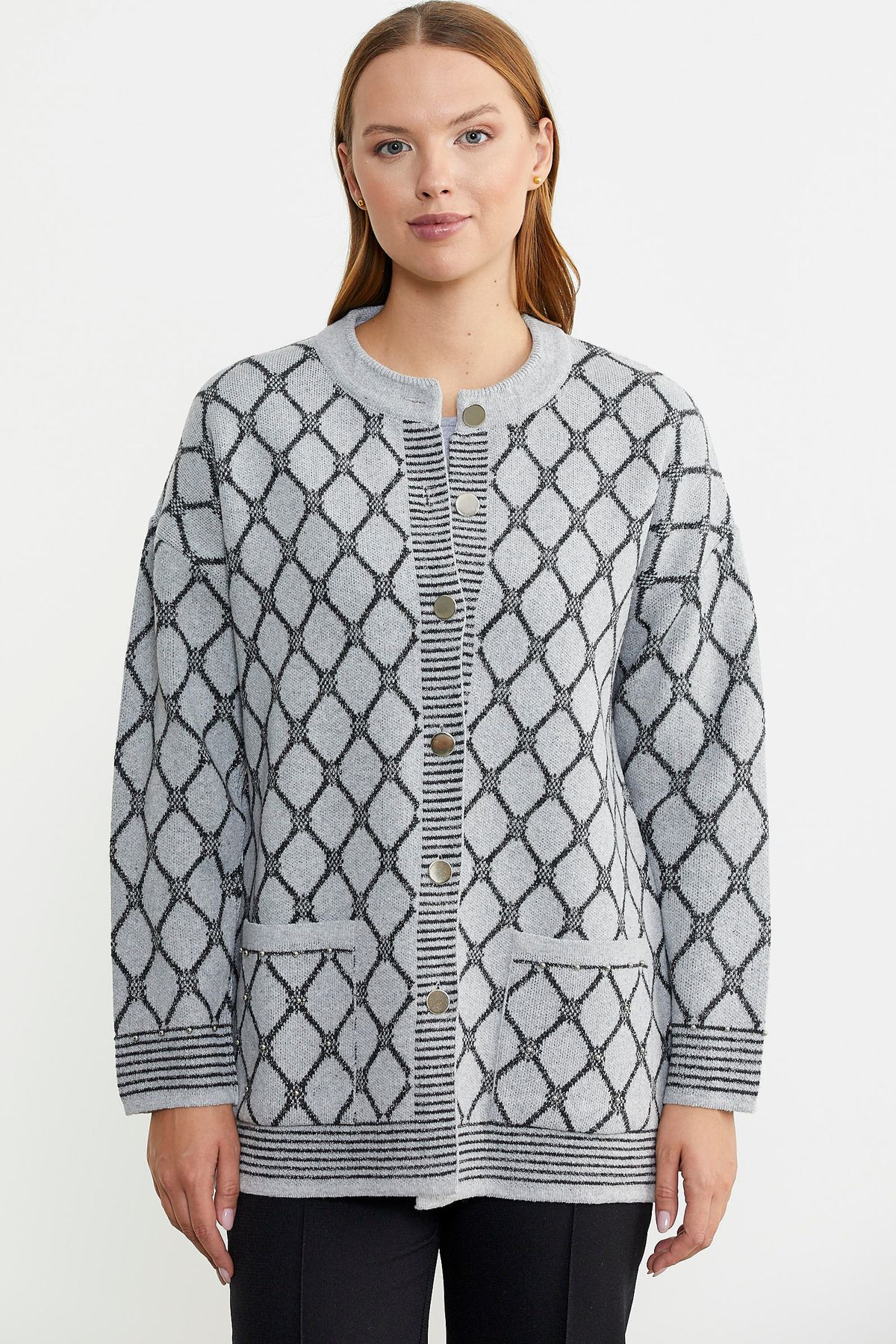 Sementa-Baklava Pattern Double Color Wool Knitwear Jacket - Gray 2