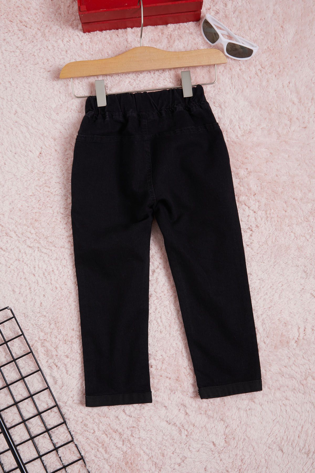 Cansın Mini-Girl's Black Elastic Waist Colored Buttoned Jean Trousers 16262 5