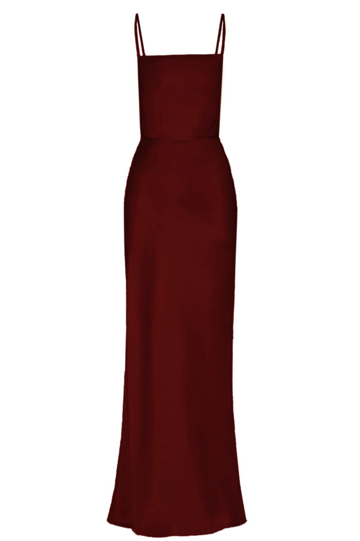 BETTY & SAM-Plunging Neck Dark Red Satin Dress 3