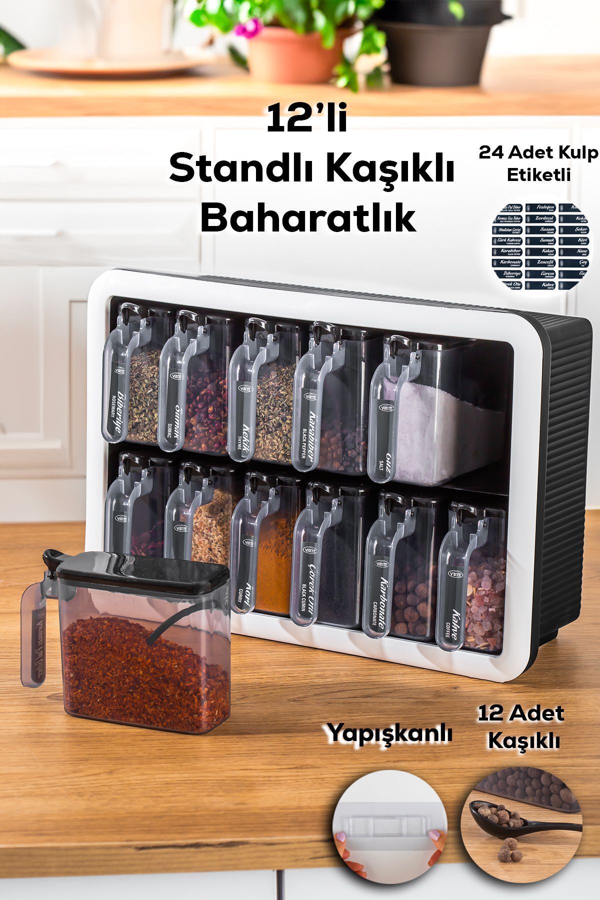 Porsima Simple Standlı 12 Li Kendinden Yapışkanlı Kaşıklı Kapaklı Baharatlık Takımı-etiketli Baharatlık-