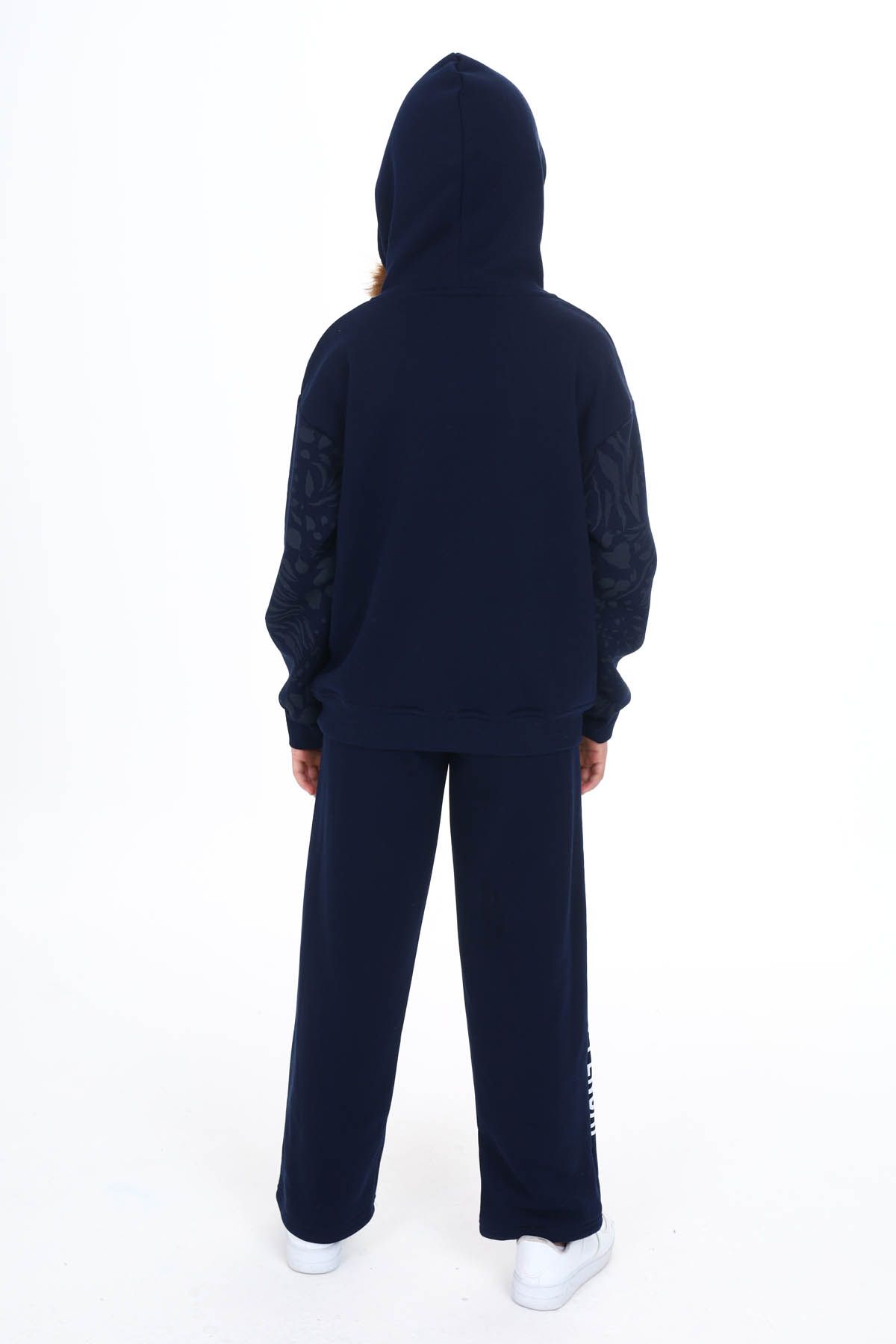 Cansın Mini-Navy Blue Text Printed Wide Leg Fleece Girl's Tracksuit Set 16446 4