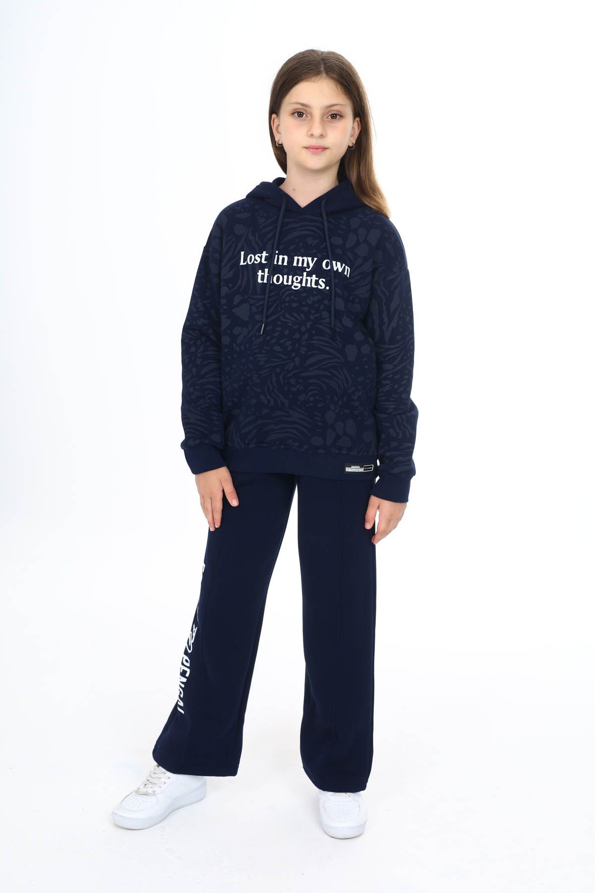 Cansın Mini-Navy Blue Text Printed Wide Leg Fleece Girl's Tracksuit Set 16446 1