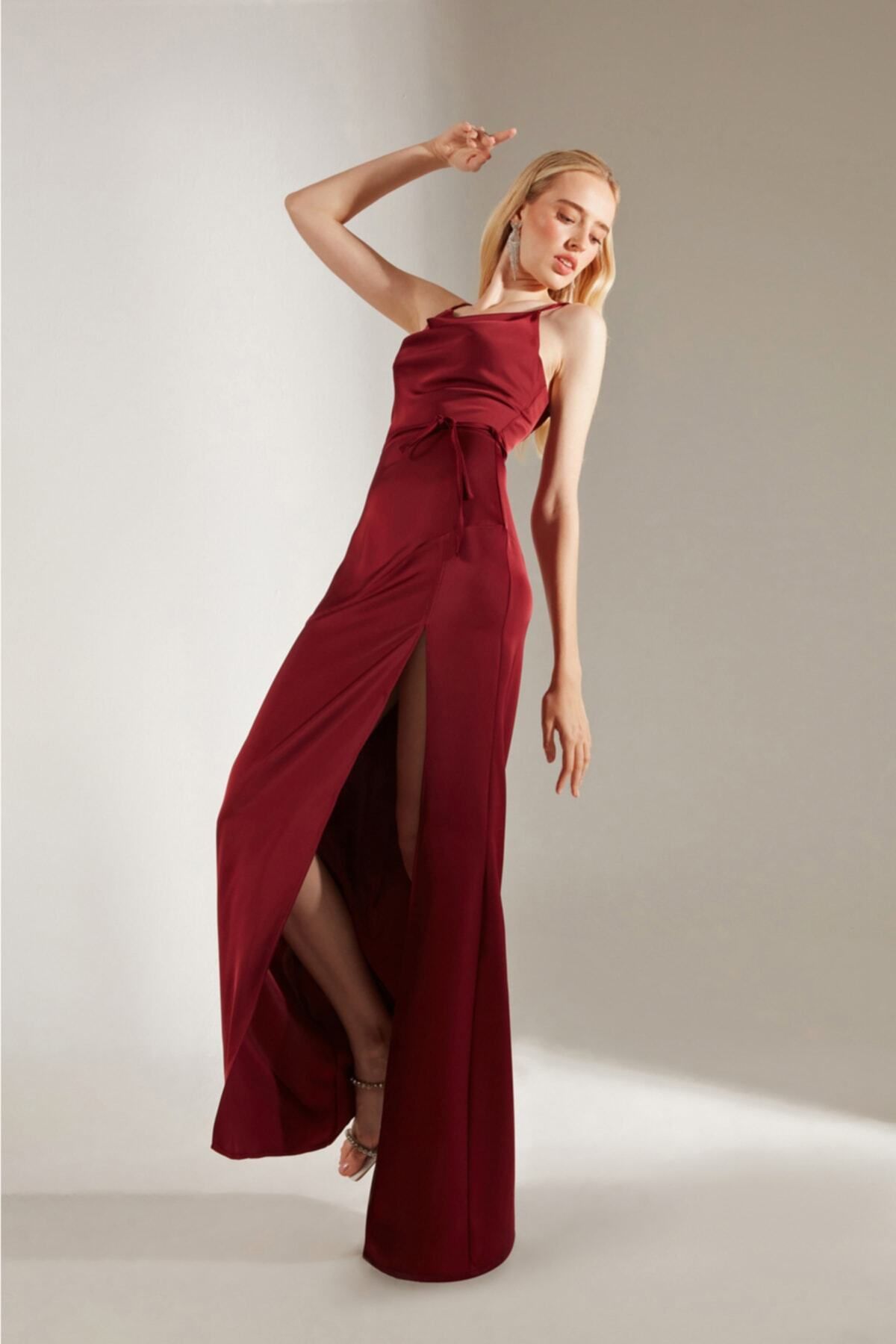 BETTY & SAM-Plunging Neck Dark Red Satin Dress 1