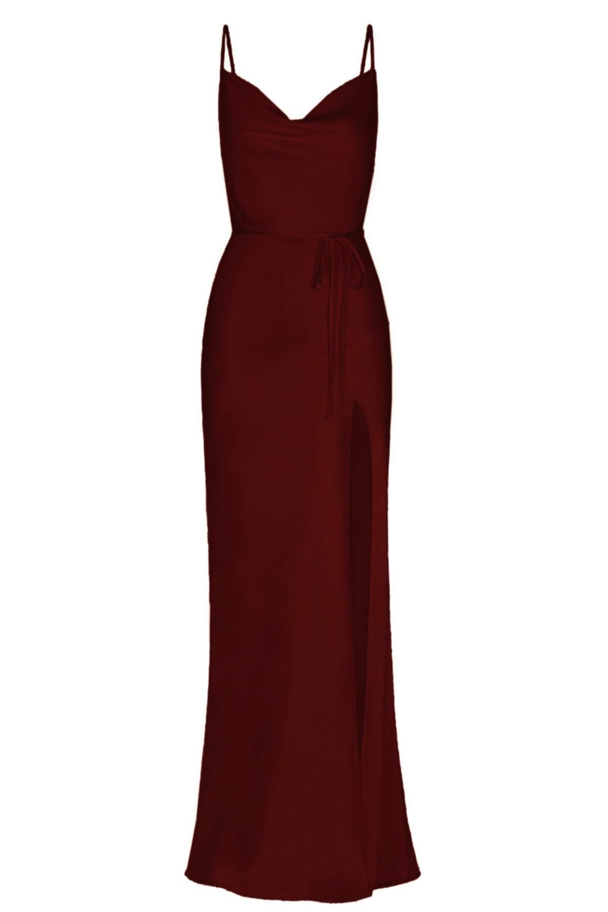 BETTY & SAM-Plunging Neck Dark Red Satin Dress 2