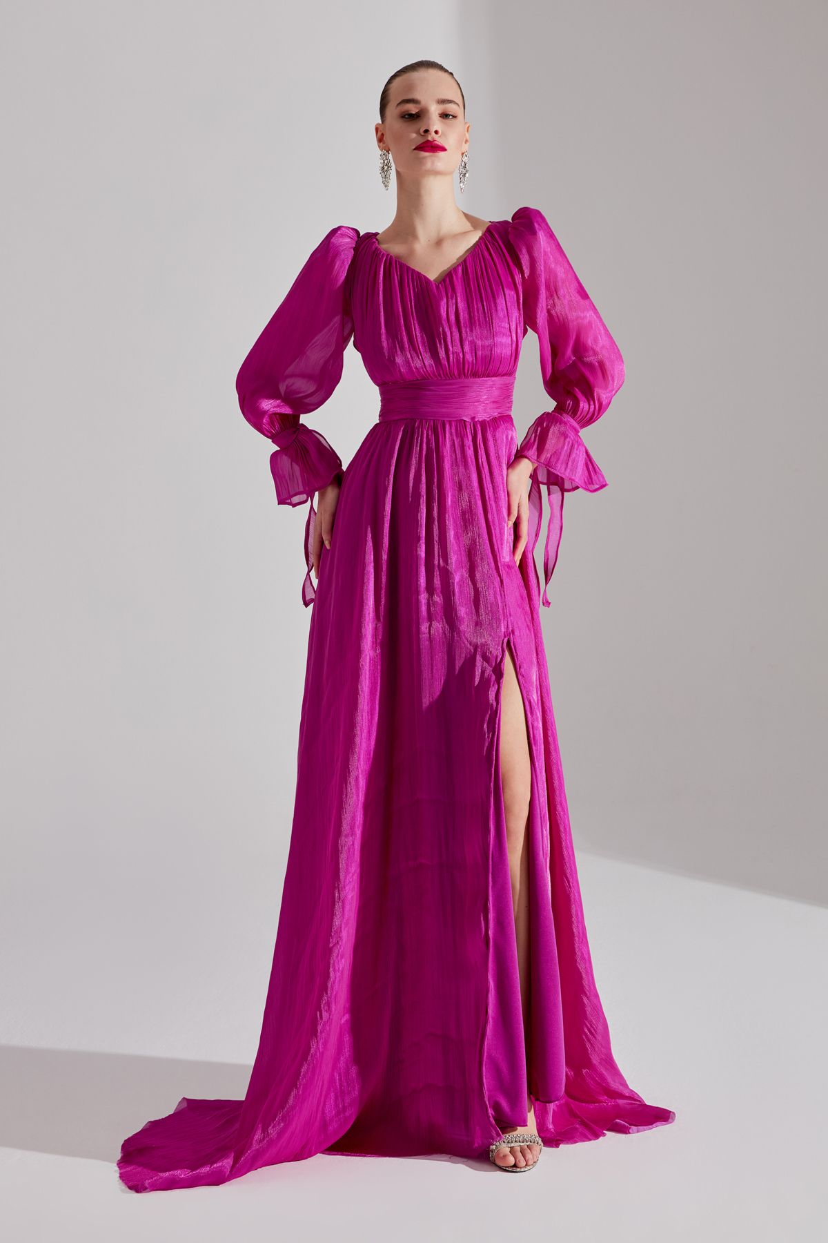 BETTY & SAM-Fuchsia V-Neck Slit Evening Dress - ANIKA 1