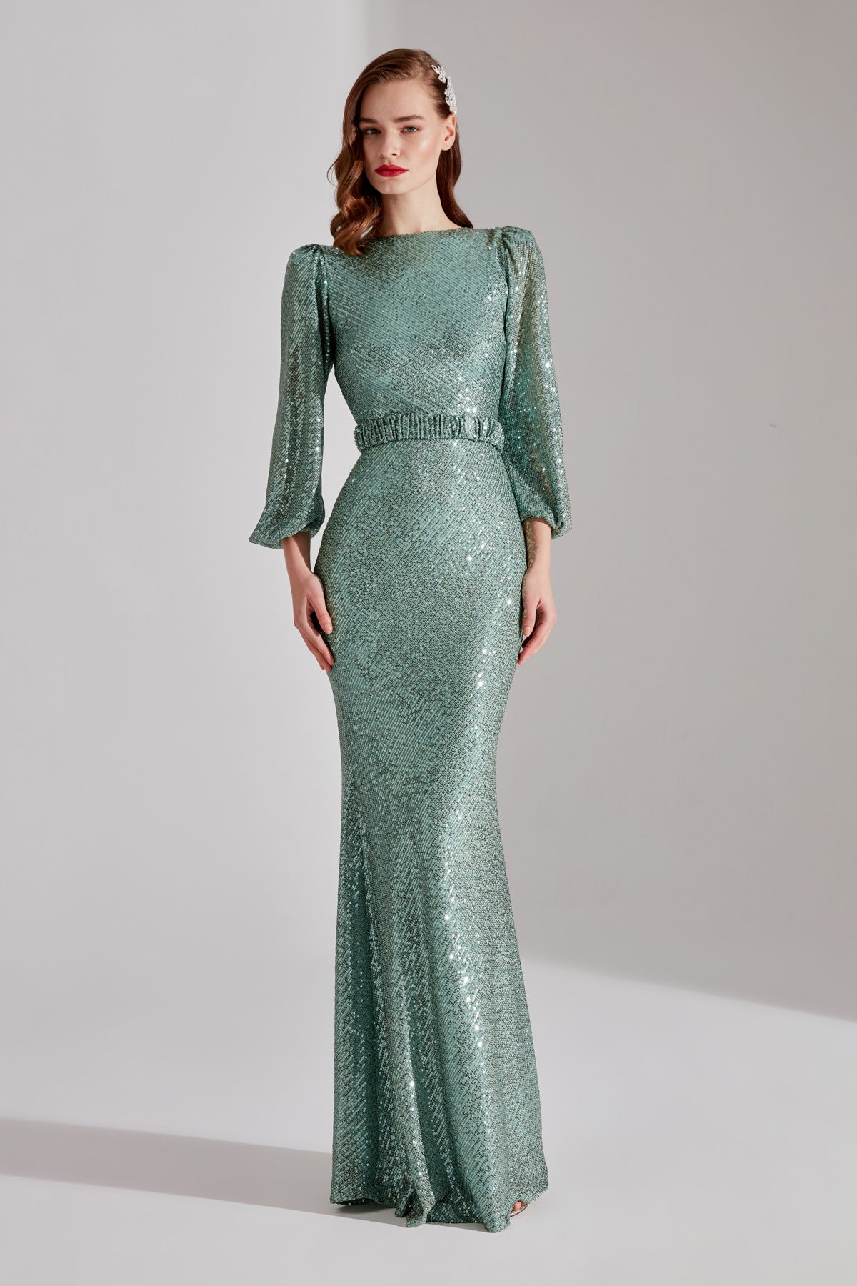 BETTY & SAM-GRACE Sparkly Sequined WATER GREEN Balloon Sleeve Maxi Boy Evening Dress 1