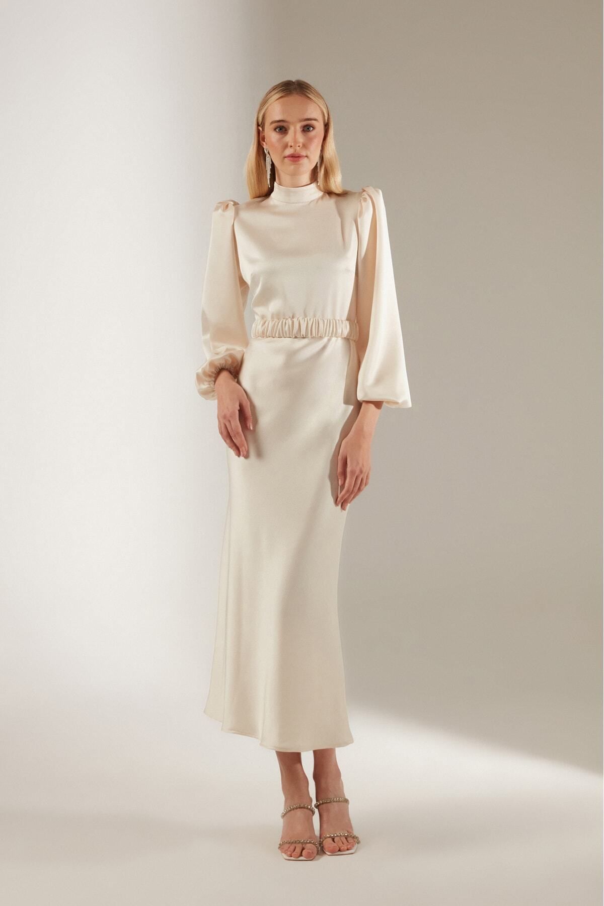 BETTY & SAM-Berthe Magnificent Collar Ecru Long Engagement Dress 2