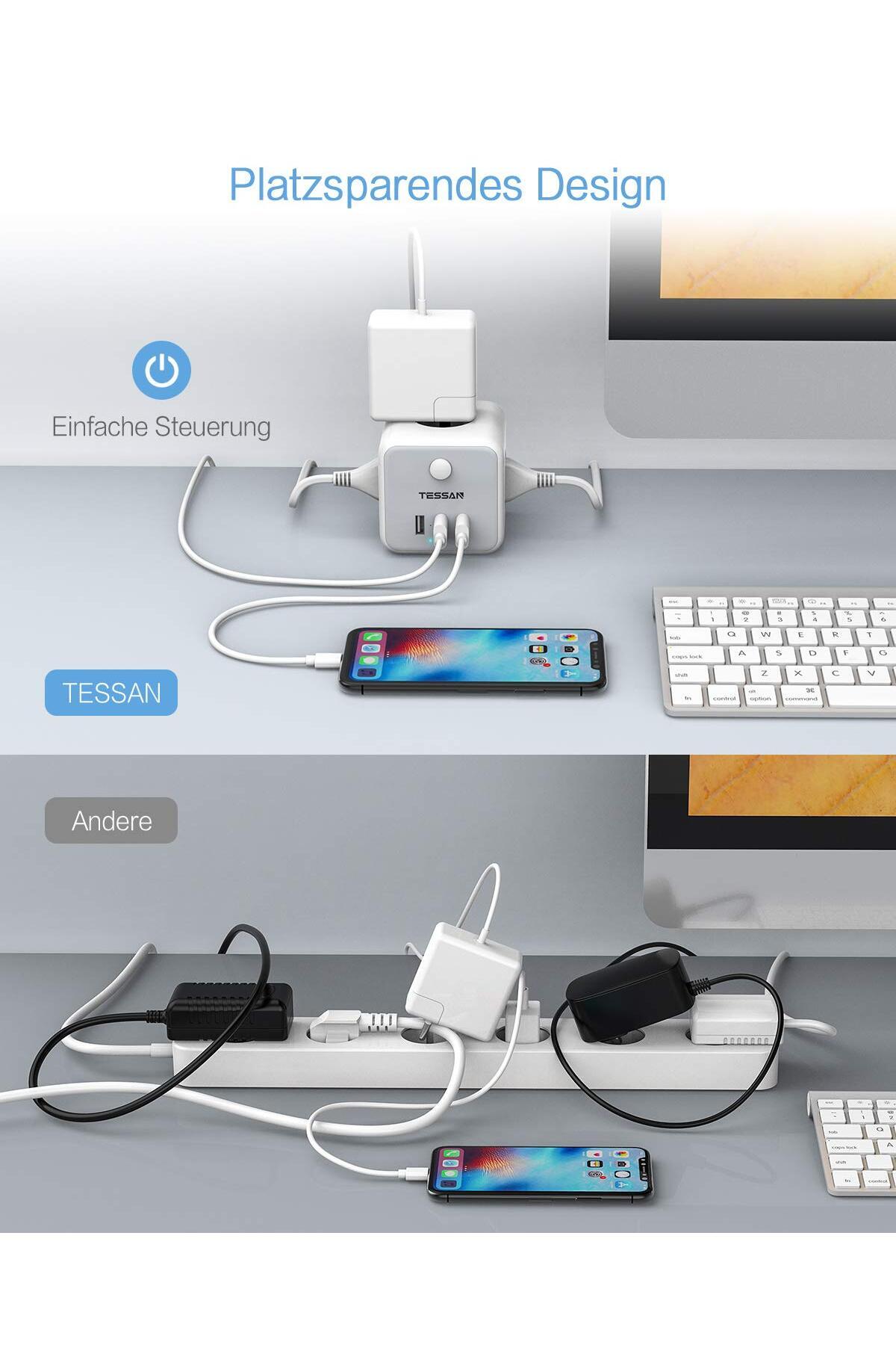 Choice-TESSAN EU Plug Power Strip Cube with 3 Outlets 3 USB Ports 1.5M Extension Cable Multi Socket Powe... 2