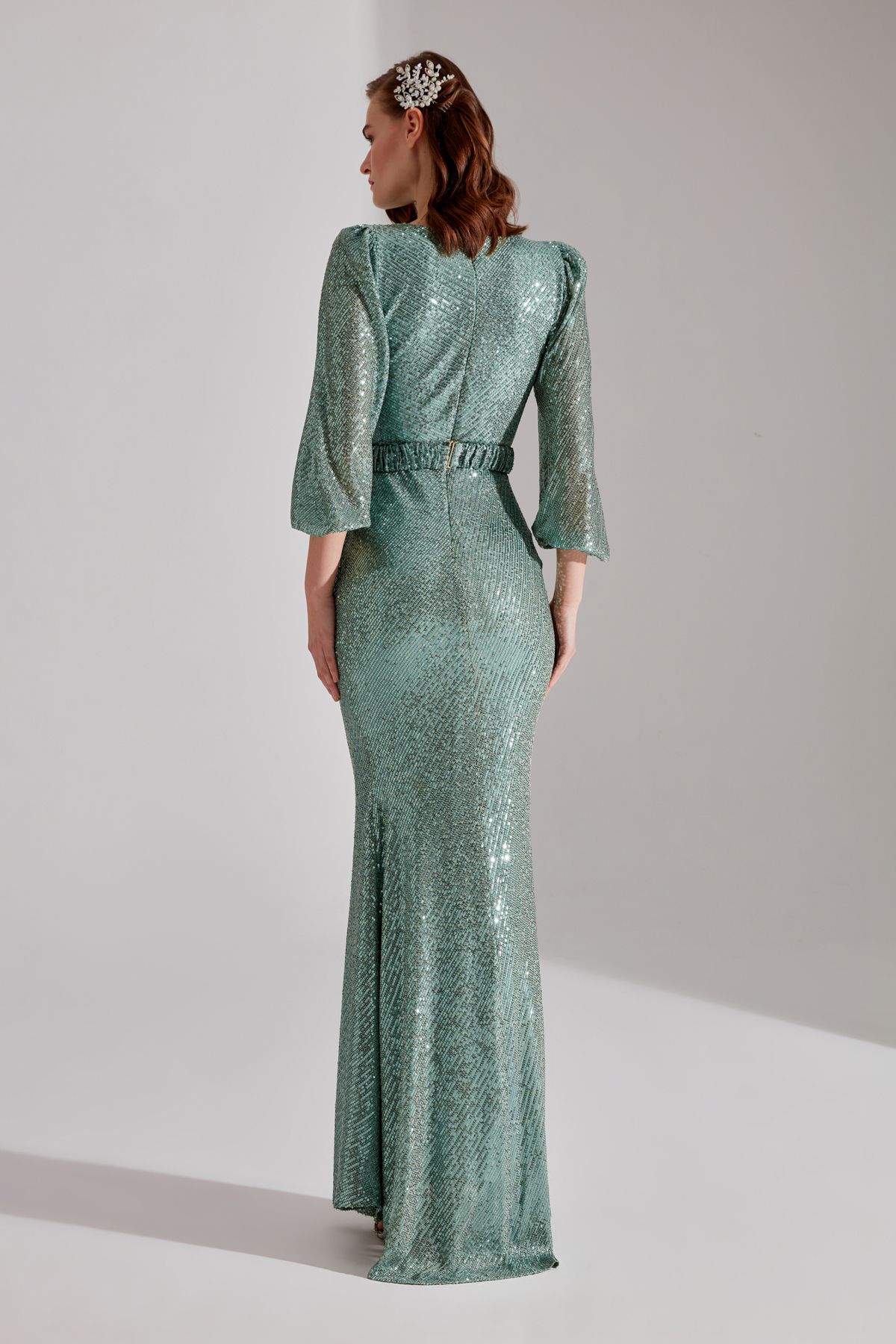 BETTY & SAM-GRACE Sparkly Sequined WATER GREEN Balloon Sleeve Maxi Boy Evening Dress 6