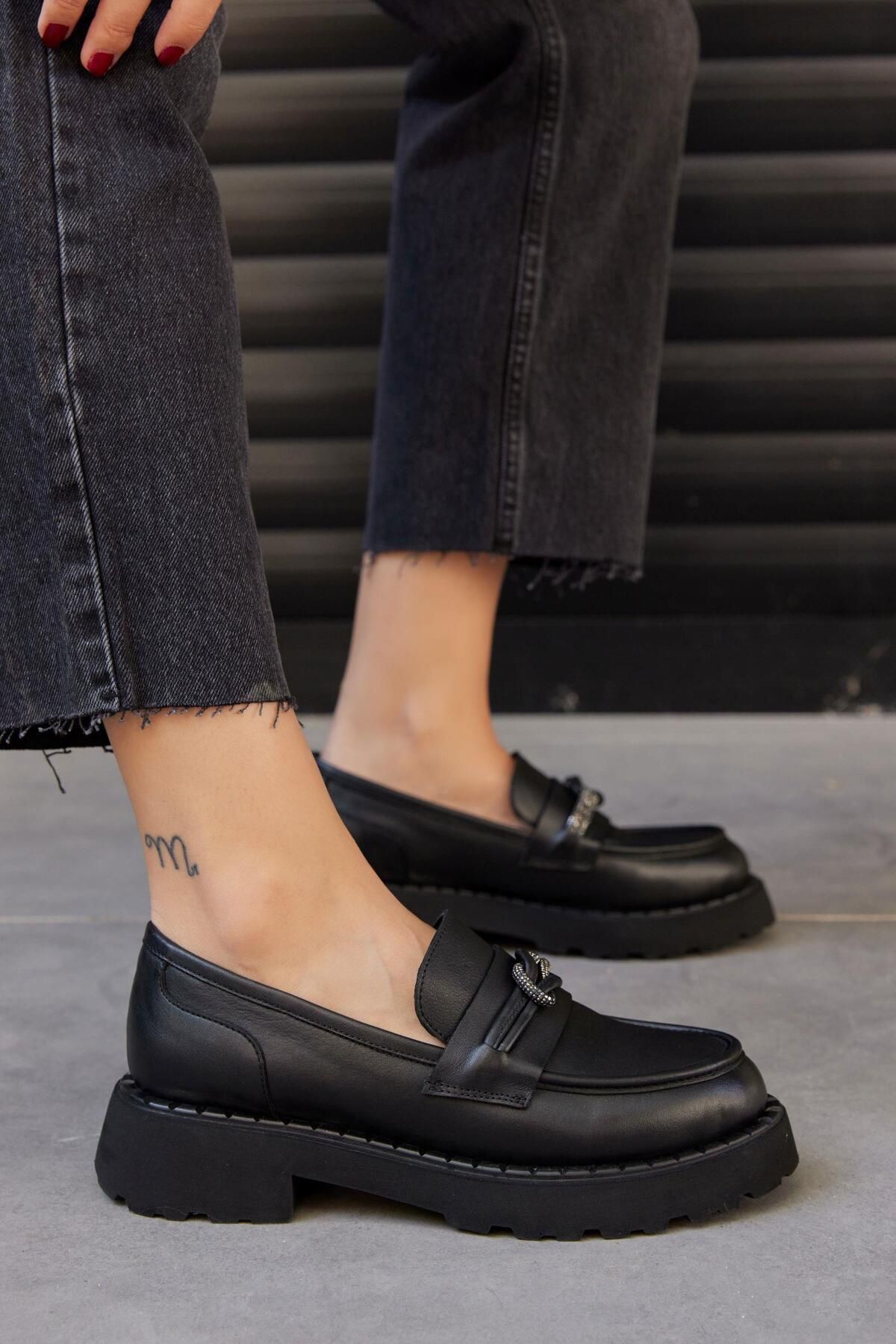 NILUFARR-Loafer de damă Lorita din piele naturală neagră Stone 2