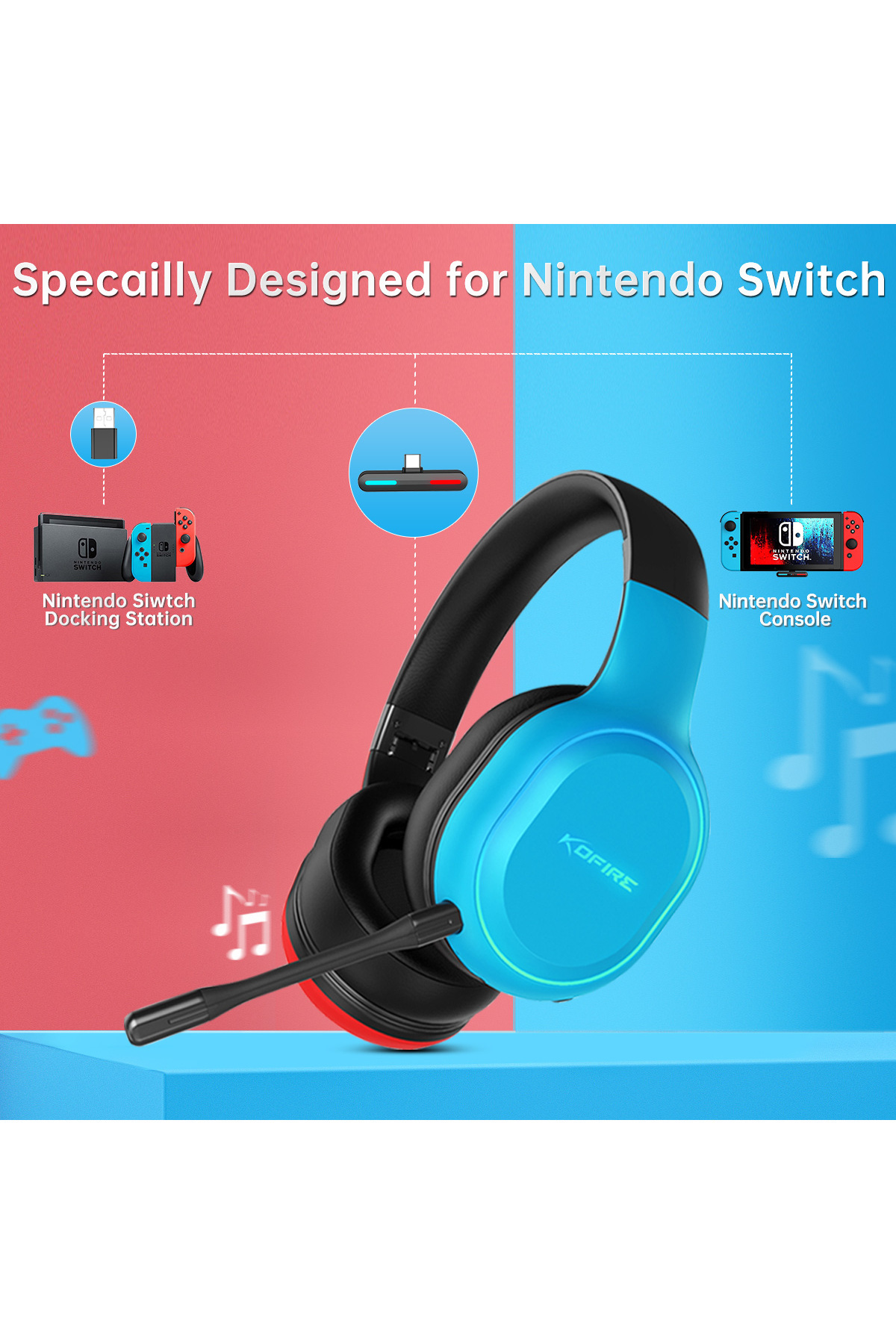 Picun-KOFIRE UT-01 Wireless Gaming Headset for Nintendo Switch Lite OLED Model, 2.4GHz Ultra-Low Latenc... 7