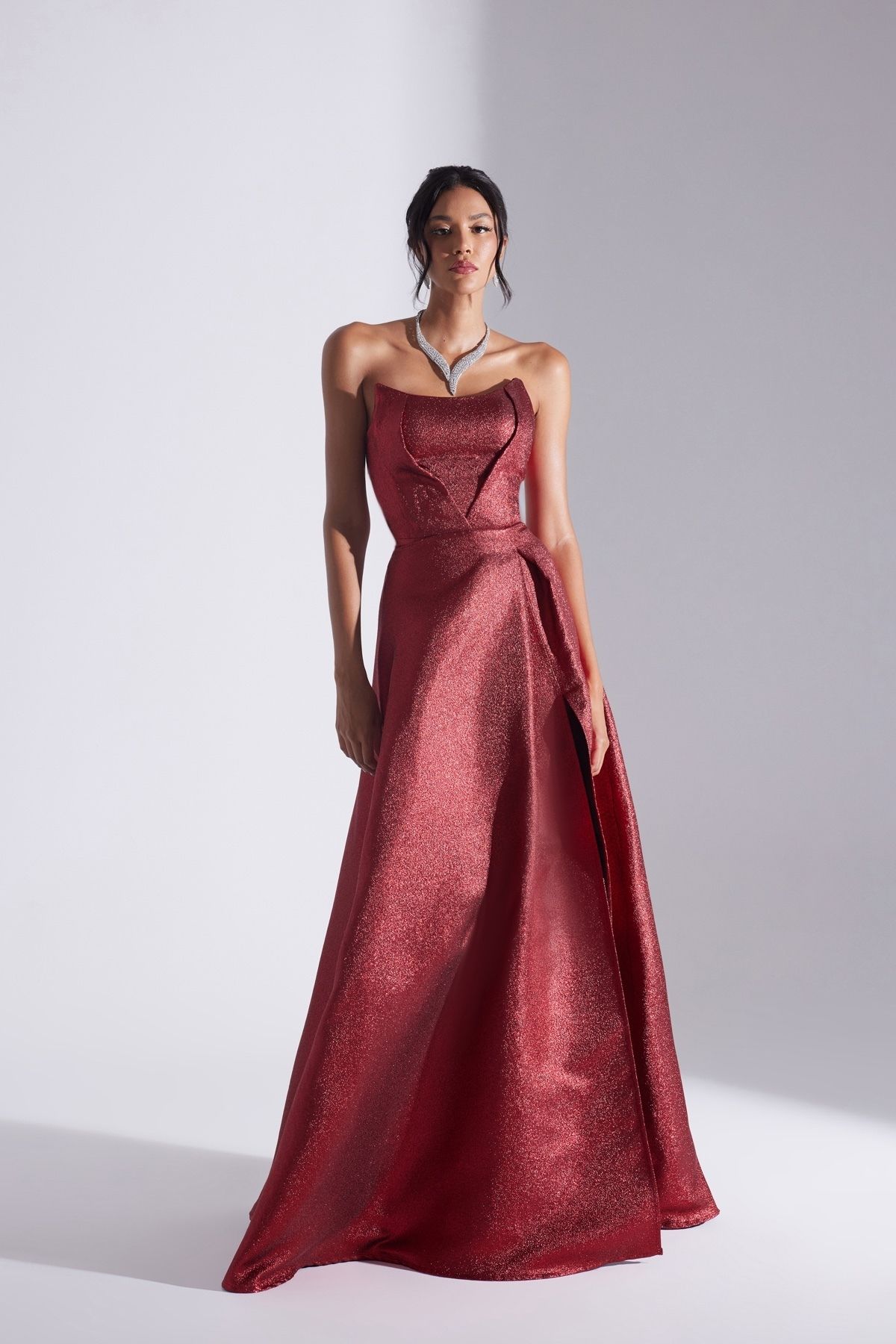 BETTY & SAM-Alex Red Jacquard Slit Strapless Evening Gown 2