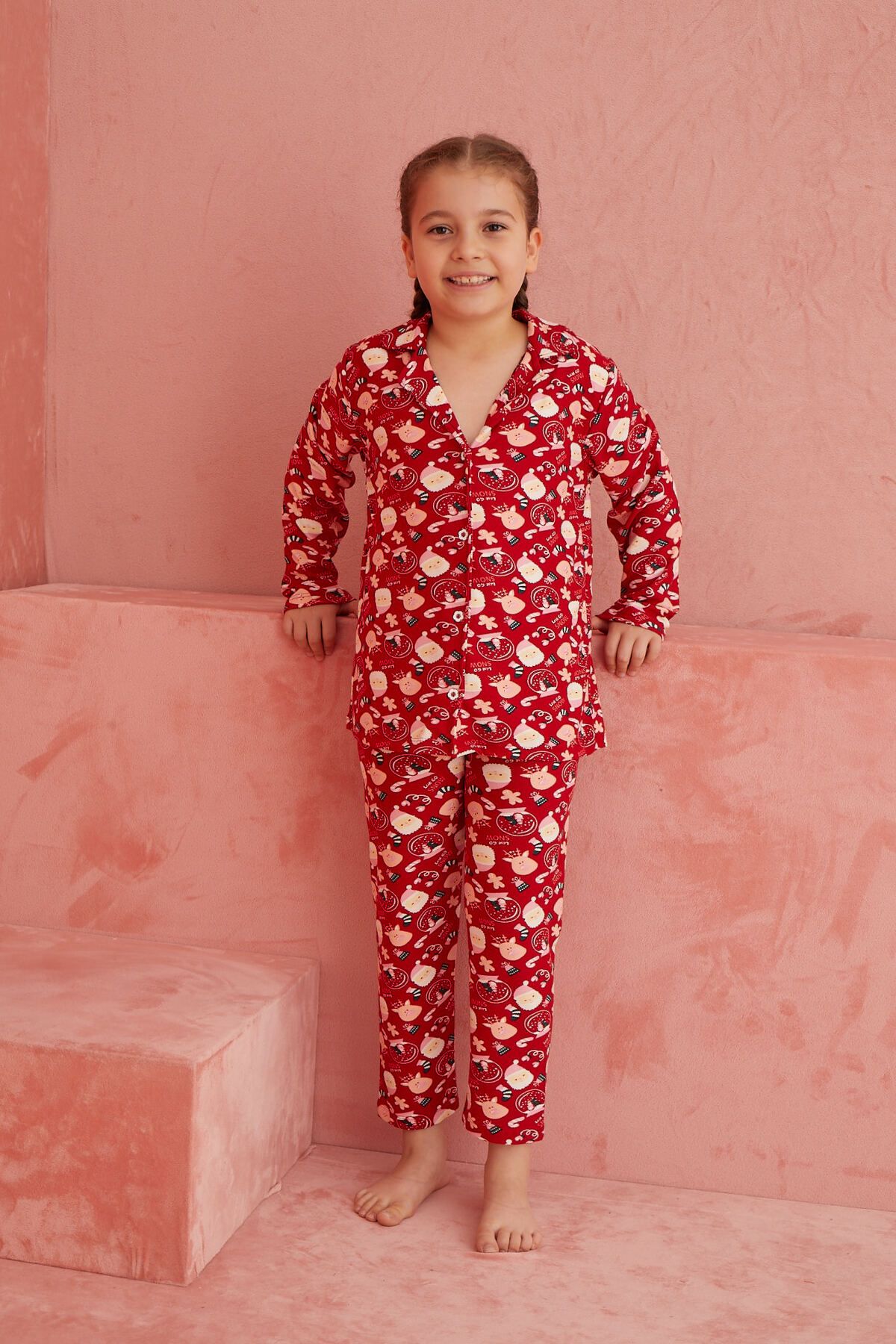 ELİTOL-Red New Year's Patterned Front Buttoned Suede Pajama Set 3