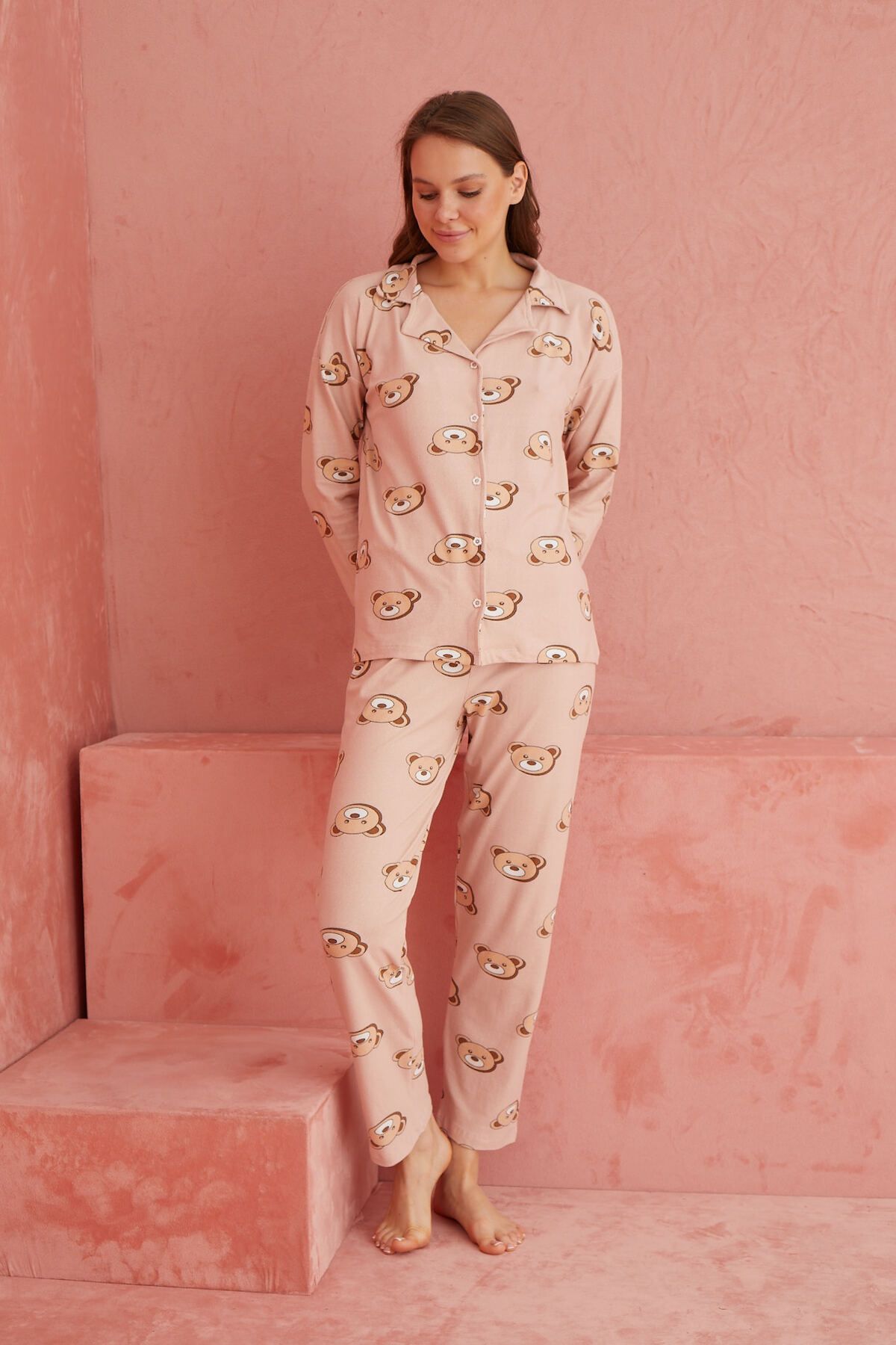 ELİTOL-Mink Bear Patterned Front Buttoned Suede Pajama Set 2