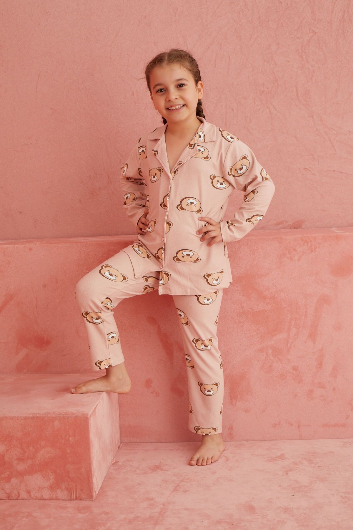 ELİTOL-Mink Bear Patterned Front Buttoned Suede Pajama Set 3