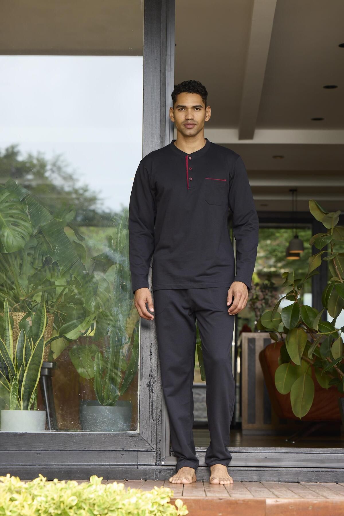 KLY-Men's Plus Size Long Sleeve Midi Collar Black Pajamas Set C3T3N1O9 1