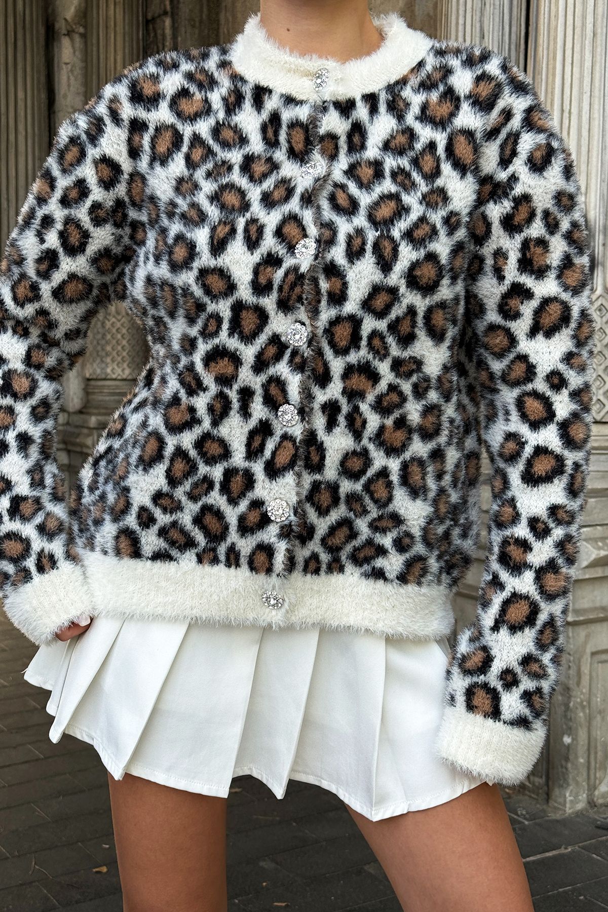 VAGGON-Brown Leopard Patterned Women's Cardigan - Vs00015 2