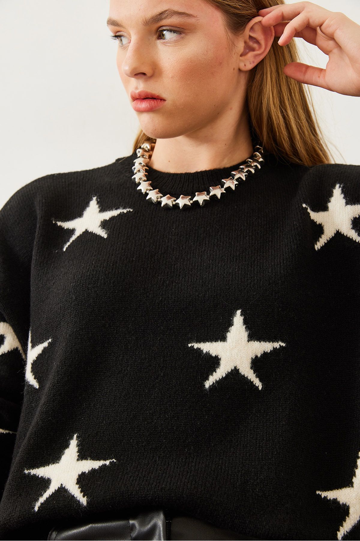Bianco Lucci-Women's Crew Neck Star Patterned Knitwear Sweater 20247536 6