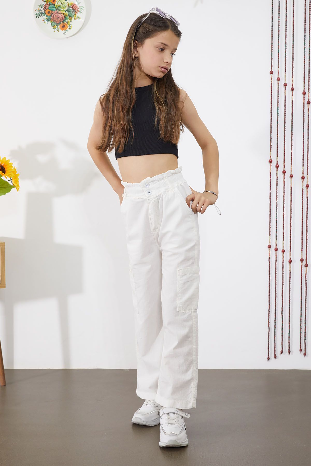 Cansın Mini-White Girl's Trousers with Wide Leg and Side Pockets - 18861 3