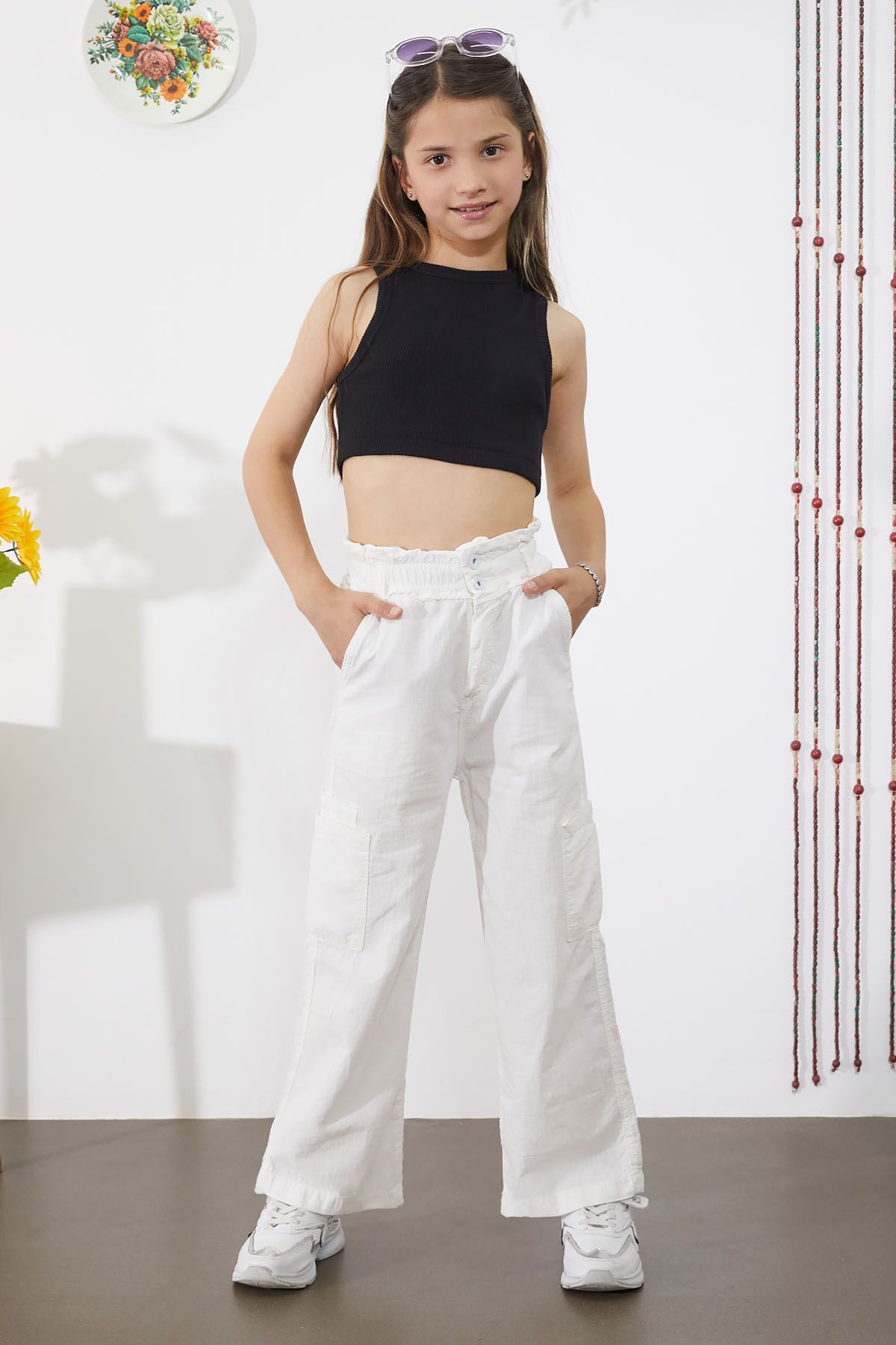 Cansın Mini-White Girl's Trousers with Wide Leg and Side Pockets - 18861 5