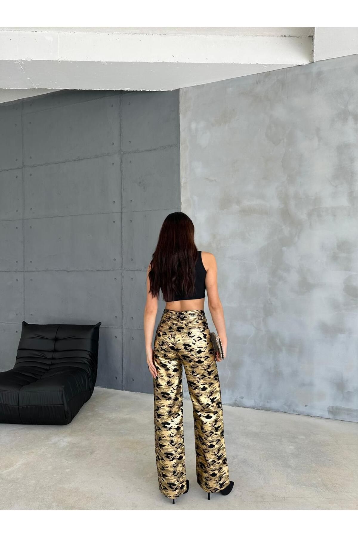 Zeo Basic-Zeo Basic Gold Military Pattern Varak Printed Wide Leg Pants 7