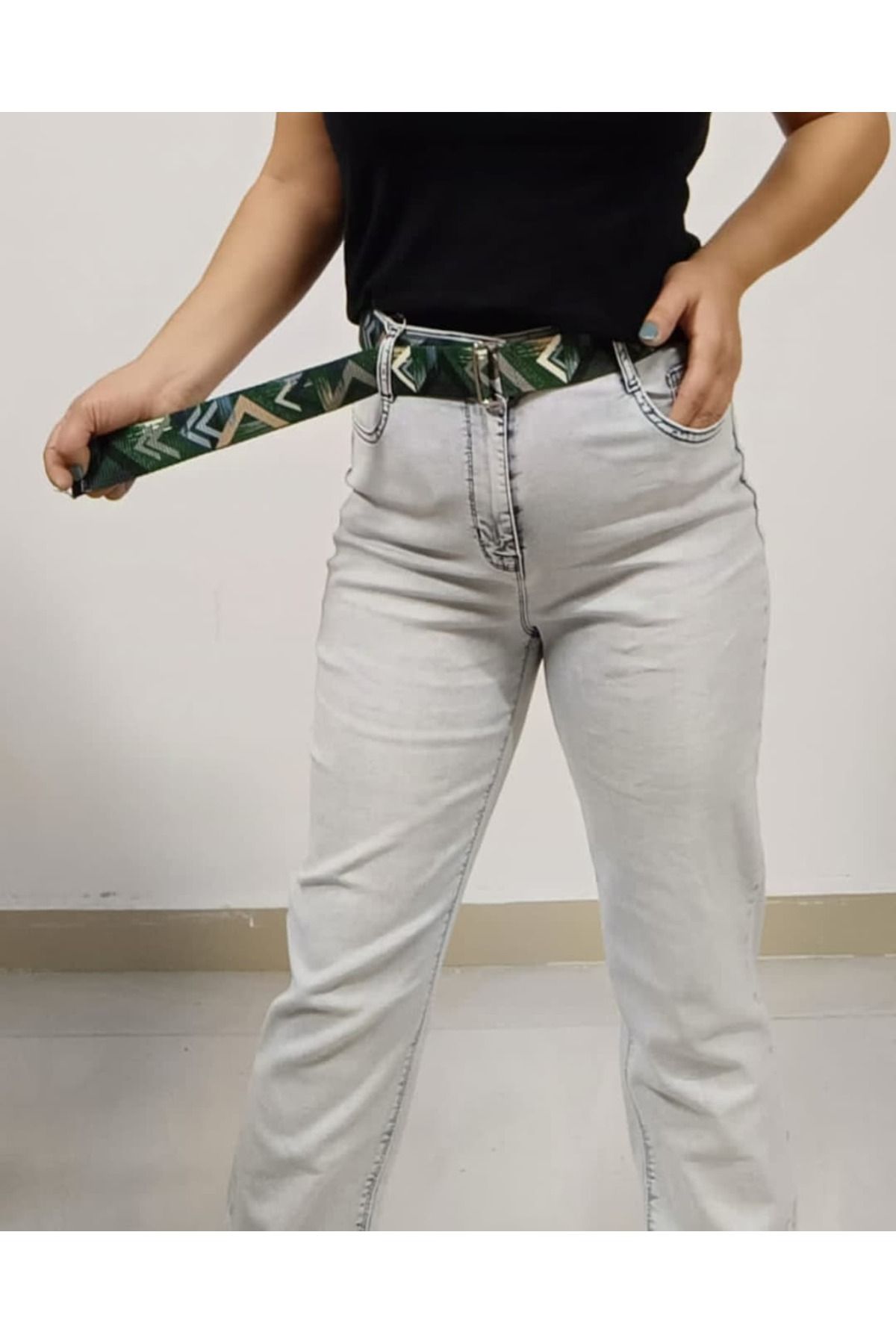 AKŞEN GİYİM-Pantaloni de blugi largi, cu talie înaltă, din lycra spălată, din țesătură denim, cu centură cadou 5