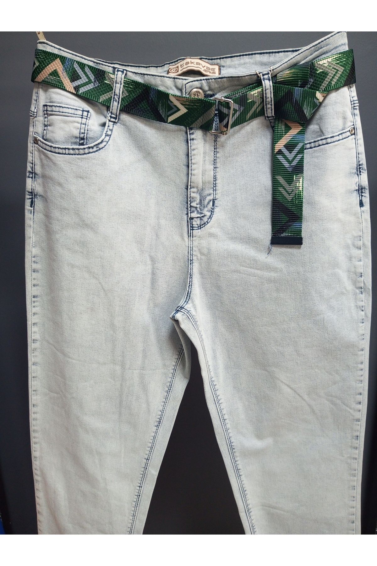 AKŞEN GİYİM-Pantaloni de blugi largi, cu talie înaltă, din lycra spălată, din țesătură denim, cu centură cadou 2
