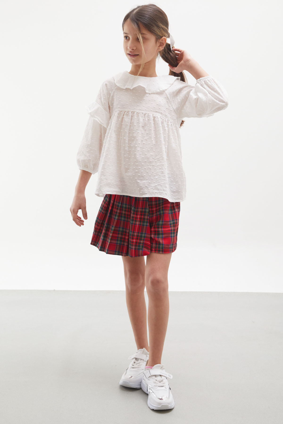 Cansın Mini-Red Plaid Patterned Shorts and Skirt Shirt Girl Suit 17975 3