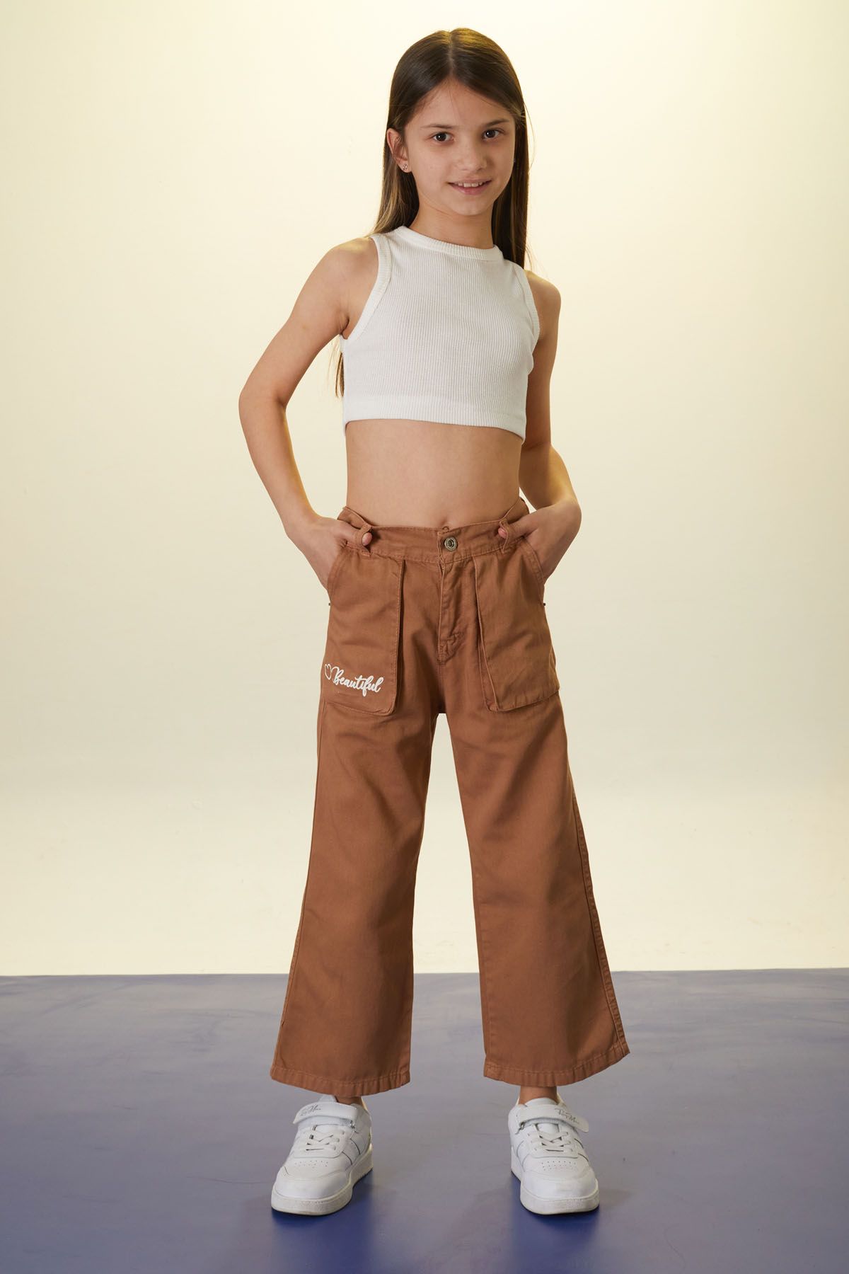 Cansın Mini-Brown Beautiful Written Wide Leg Girl's Linen Trousers 18444 3