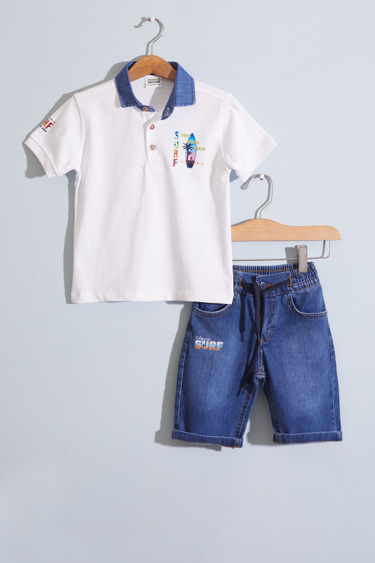 Cansın Mini-Boy's Set - White Polo Collar, Surf Printed Jean Shorts, 18919 1