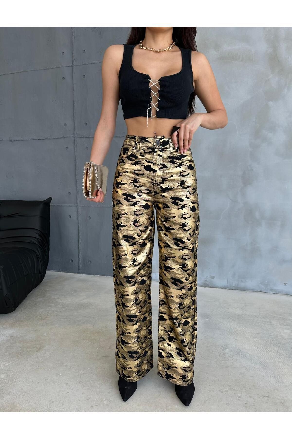Zeo Basic-Zeo Basic Gold Military Pattern Varak Printed Wide Leg Pants 2