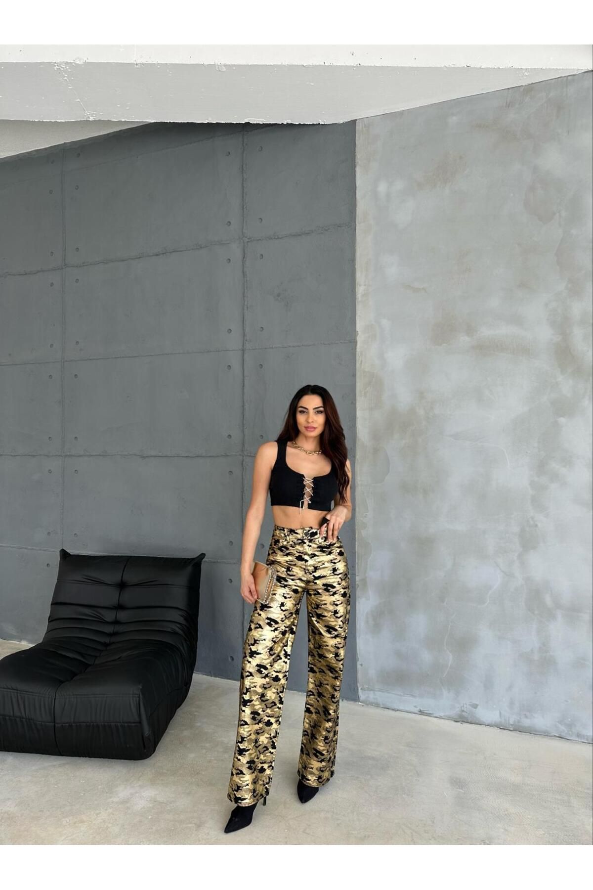 Zeo Basic-Zeo Basic Gold Military Pattern Varak Printed Wide Leg Pants 3