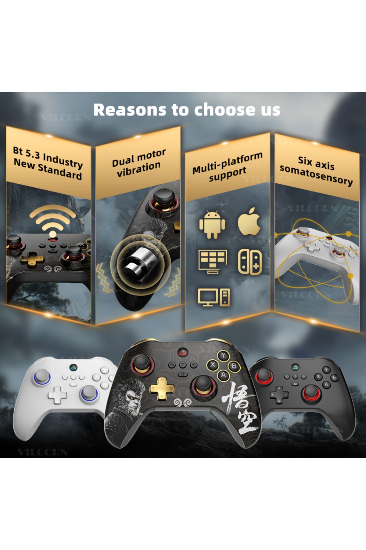 VILCORN-Z03DP Black Myth Wukong Gamepad 800Hz Wireless Dual Vibration Gaming Controller 6-Axis for Switch... 6