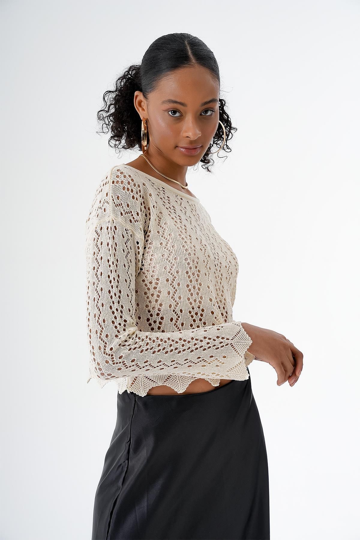 CHUBA-Women's Crew Neck Openwork Knitwear Sweater Vanilla 24S160 4