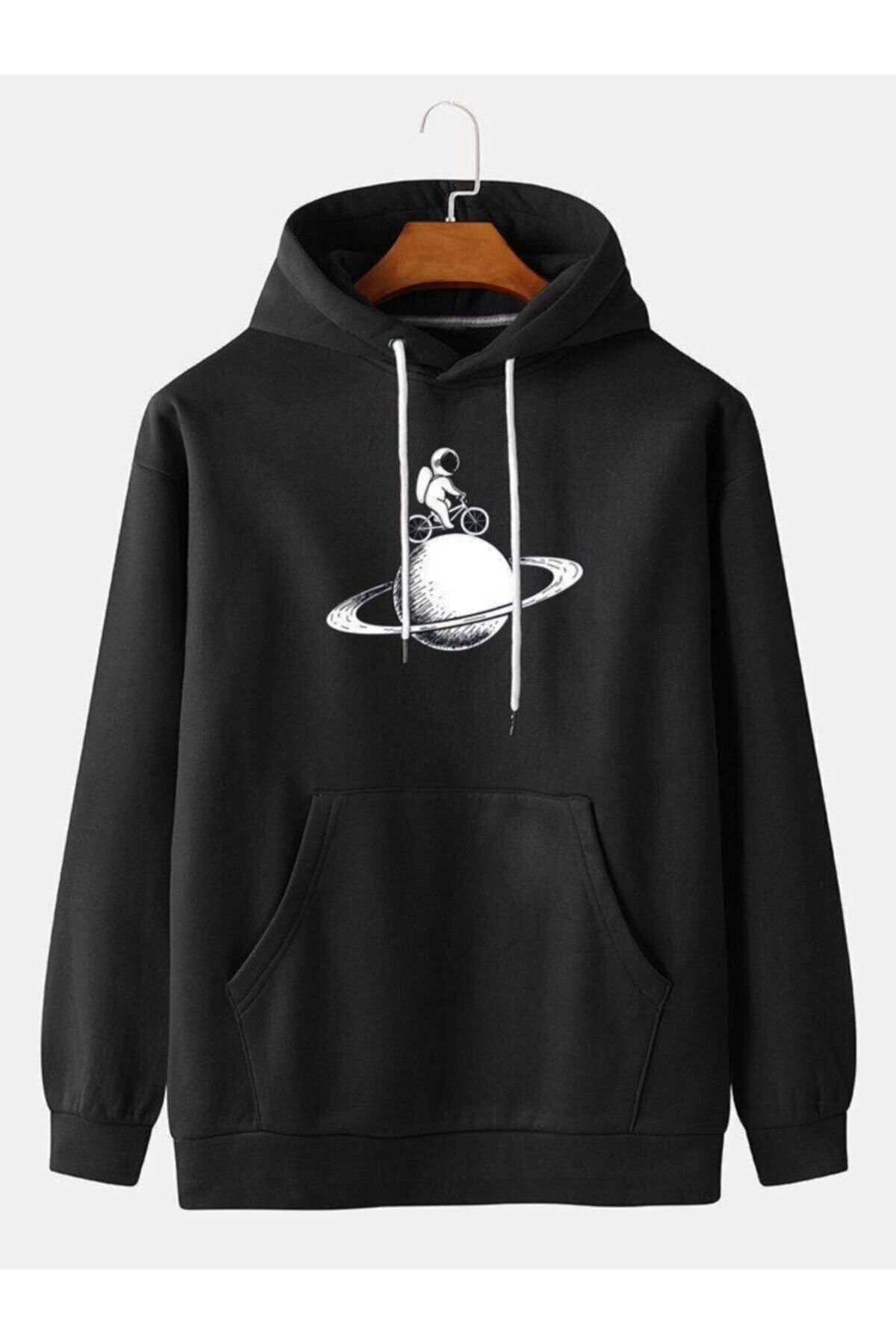 M&A ONE PİECE Unisex Siyah Astronot Baskılı  Hoodie Sweatshirt