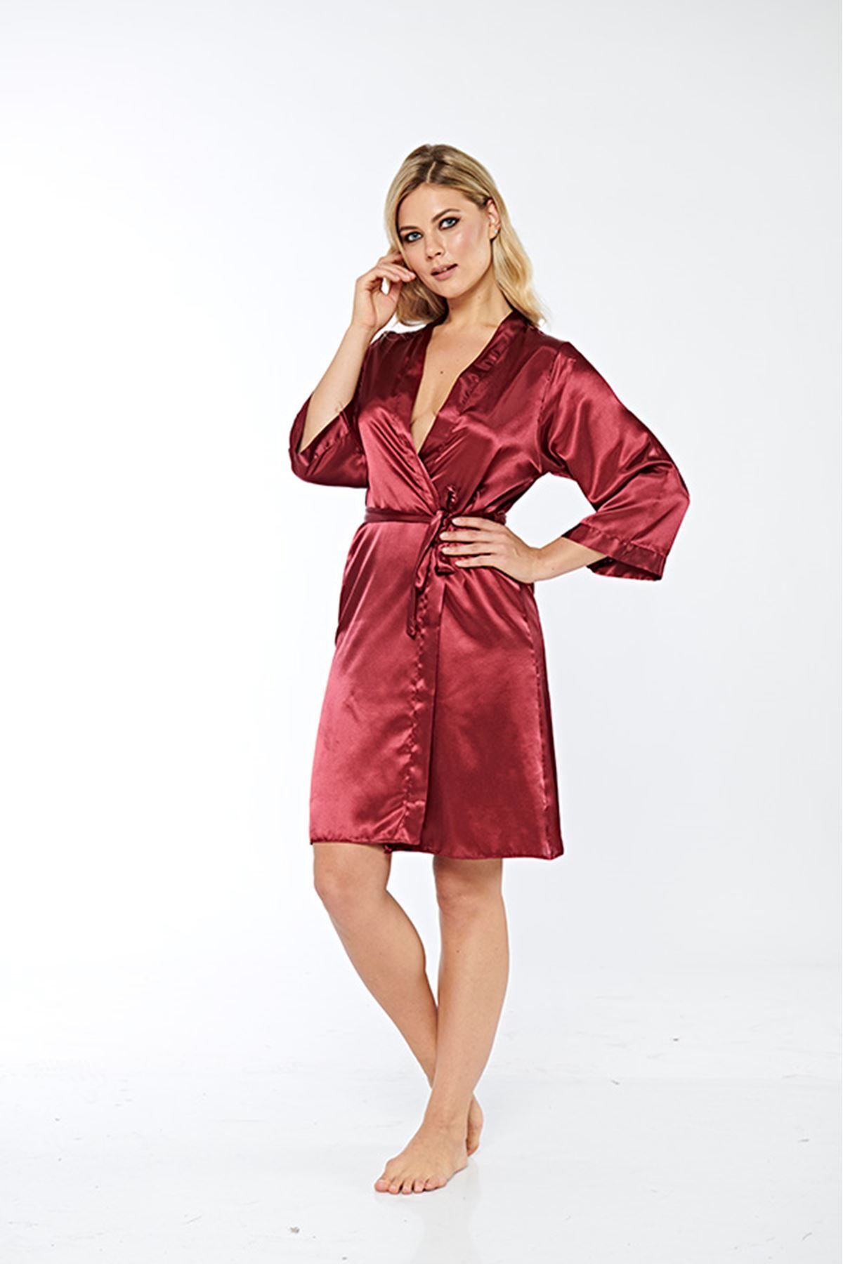 BESKAR Bordo İpek Saten Sabahlık 14004